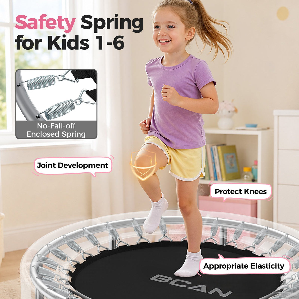 FED Fitness Bcan Series SP1 Spring Trampoline, ASTM Certified - Kids 36'' Trampoline for Ages 1-6, Foam Handle & Safe Thickened Cover, Mini Trampolines for Kids Indoor, Easy to Assemble