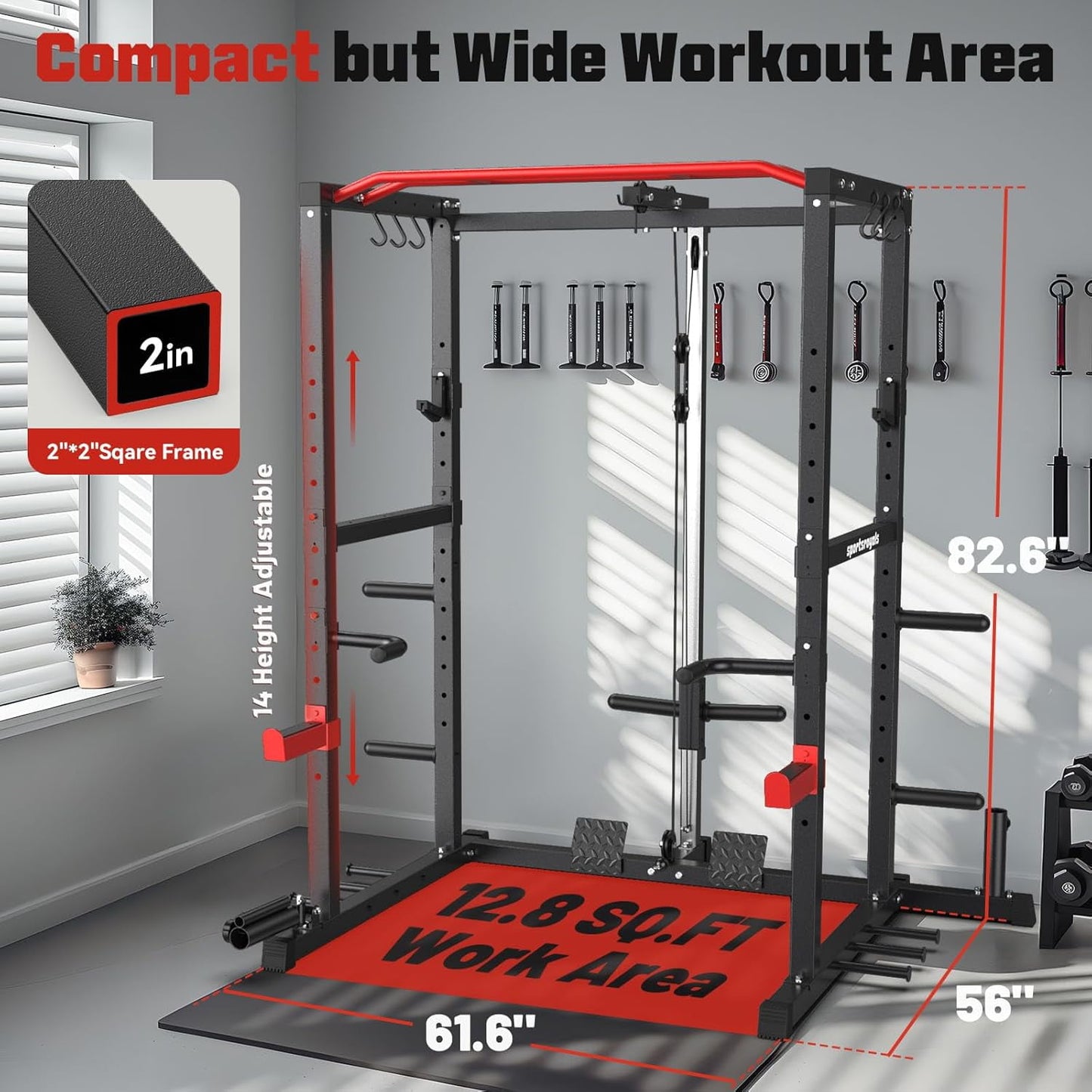 Sportsroyals Power Cage,1200lbs Multi-Function Power Rack with Adjustable Cable Crossover System Weight Cage for Home Gym