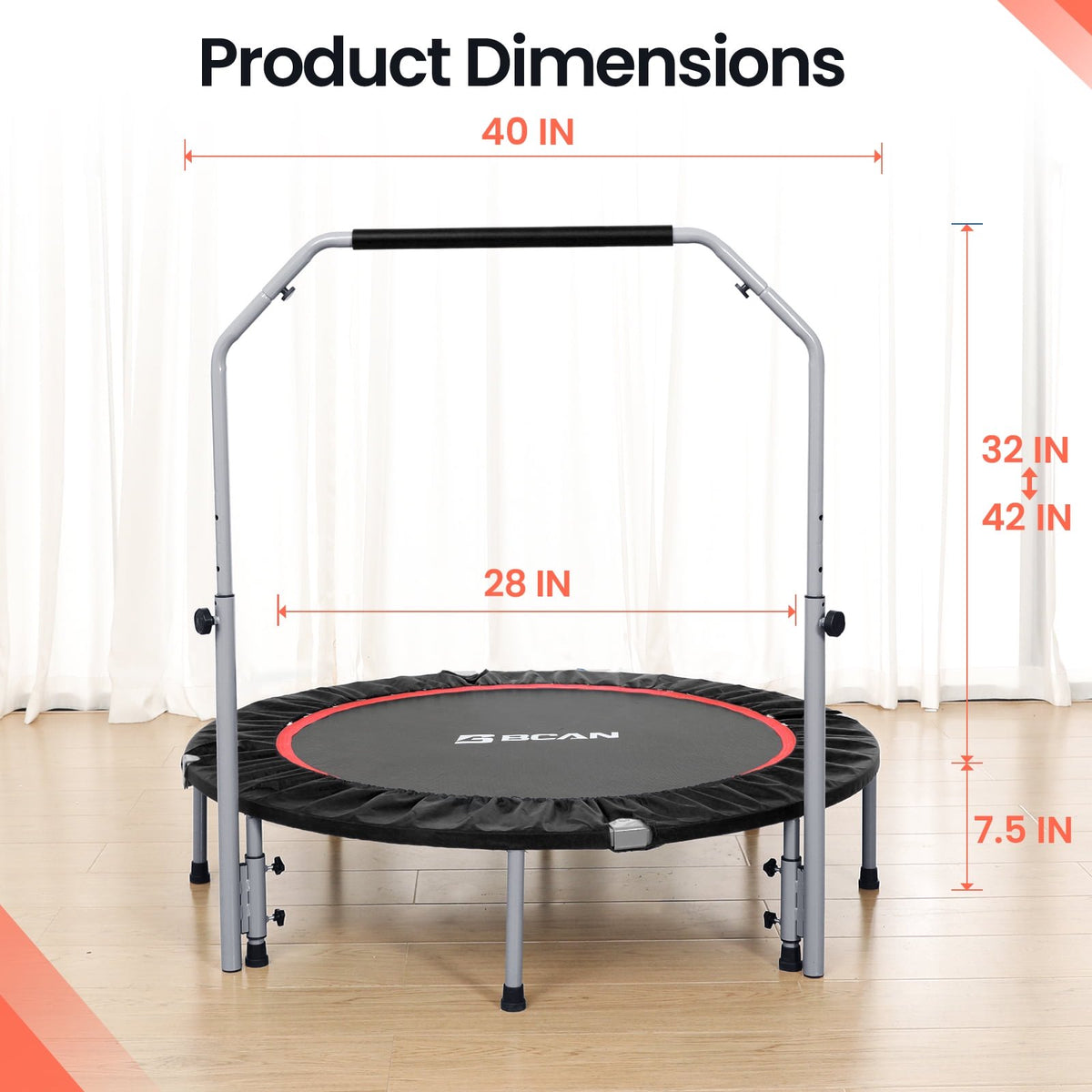 FED Fitness BCAN 40" Foldable Trampoline, Fitness Rebounder with Adjustable Handle, Exercise Trampoline for Adults/kids Workout Max Load 330lbs