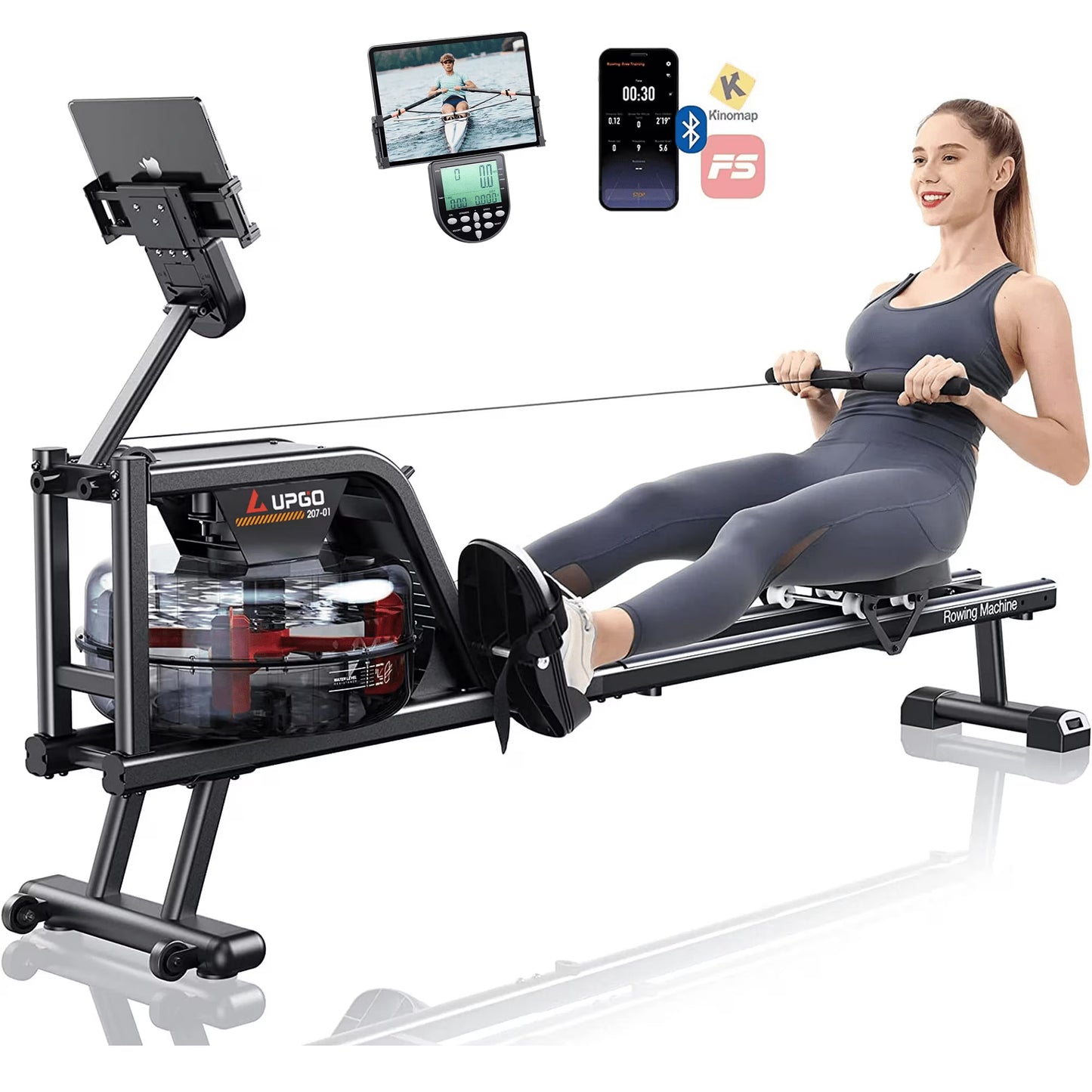 UPGO Magnetic Rowing Machine for Home, Rower with 350LBS Capacity, Dual Slide Rail, APP Connectivity
