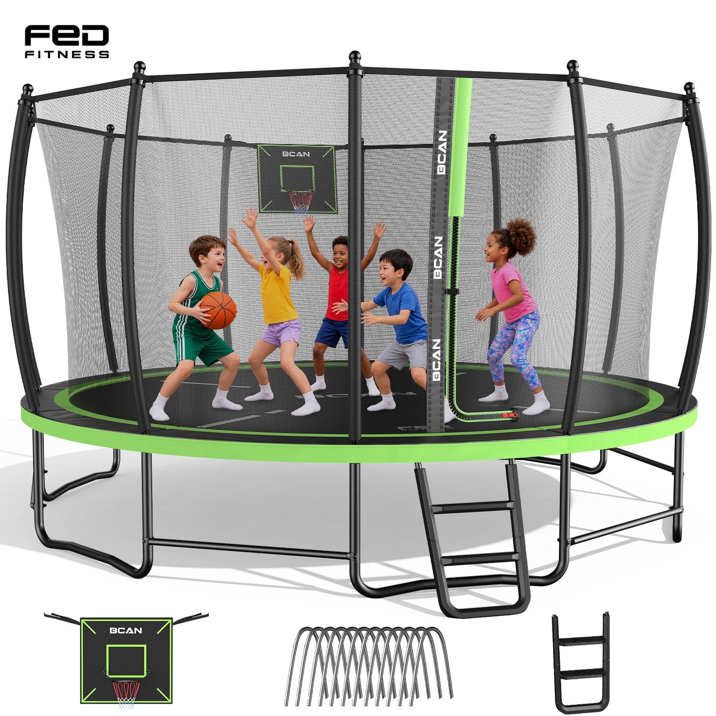 FED Fitness Premium 12FT Recreational Trampoline with Enclosure – Luxury Family Entertainment Center, Curved Safety Design, Commercial-Grade Galvanized Steel, Supports 1500 lbs