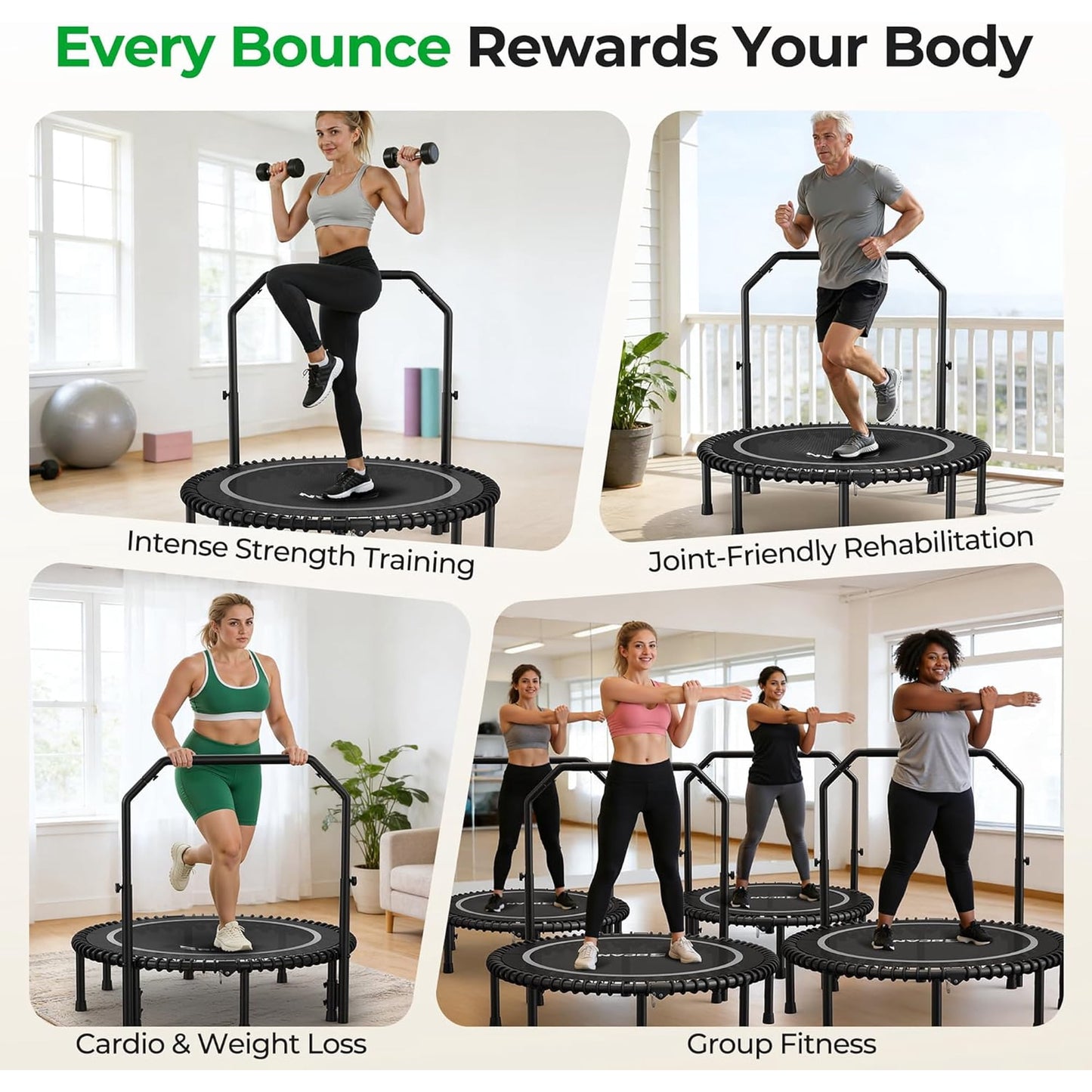 BCAN BT2 48-Inch Adult Mini Rebounder Trampoline, 550-pound weight capacity, adjustable handrails, and a Silent Resistance Band Design, suitable for indoor and outdoor home workouts