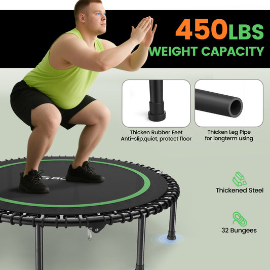 40" Adult Fitness Trampoline with Bungees, U Shape Adjustable Foam Handle, Stable & Quiet Exercise Rebounder,Indoor/Outdoor Workout