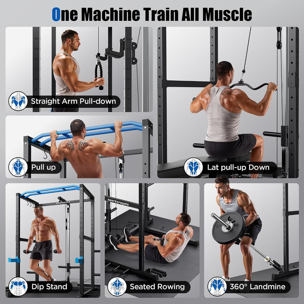 FED Fitness Sportsroyals RK2 1200 lb Power Cage & Power Rack with LAT Pulldown, Cable Pulley System, J-Hooks, Dip Bars & Landmine for Home Gym, Blue