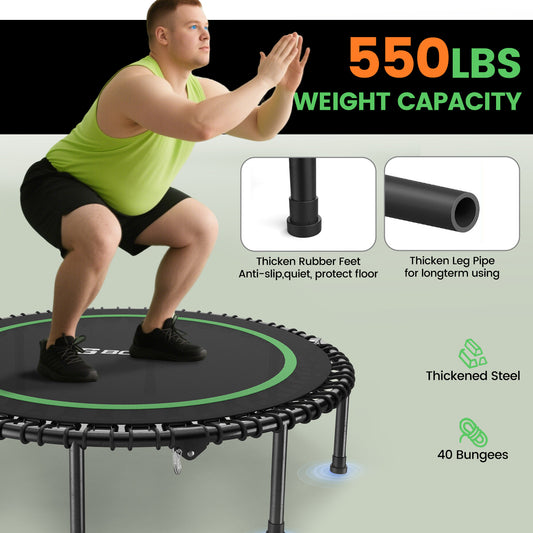 48" Adult Fitness Trampoline with Bungees, U Shape Adjustable Foam Handle, Stable & Quiet Exercise Rebounder,Indoor/Outdoor Workout