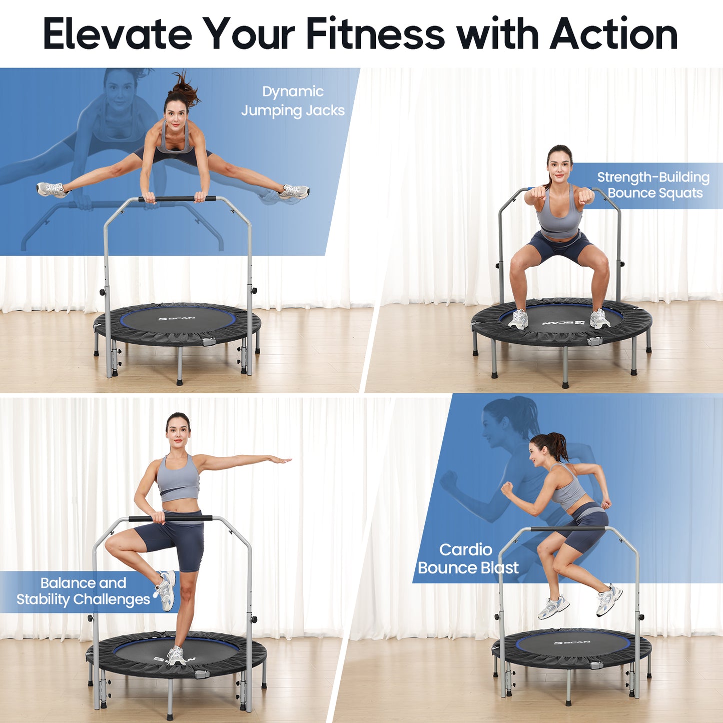 BCAN 48" Foldable Trampoline, Fitness Rebounder with Adjustable Foam Handle, Exercise Trampoline for Adults/kids Indoor/Garden Workout Max Load 440lbs