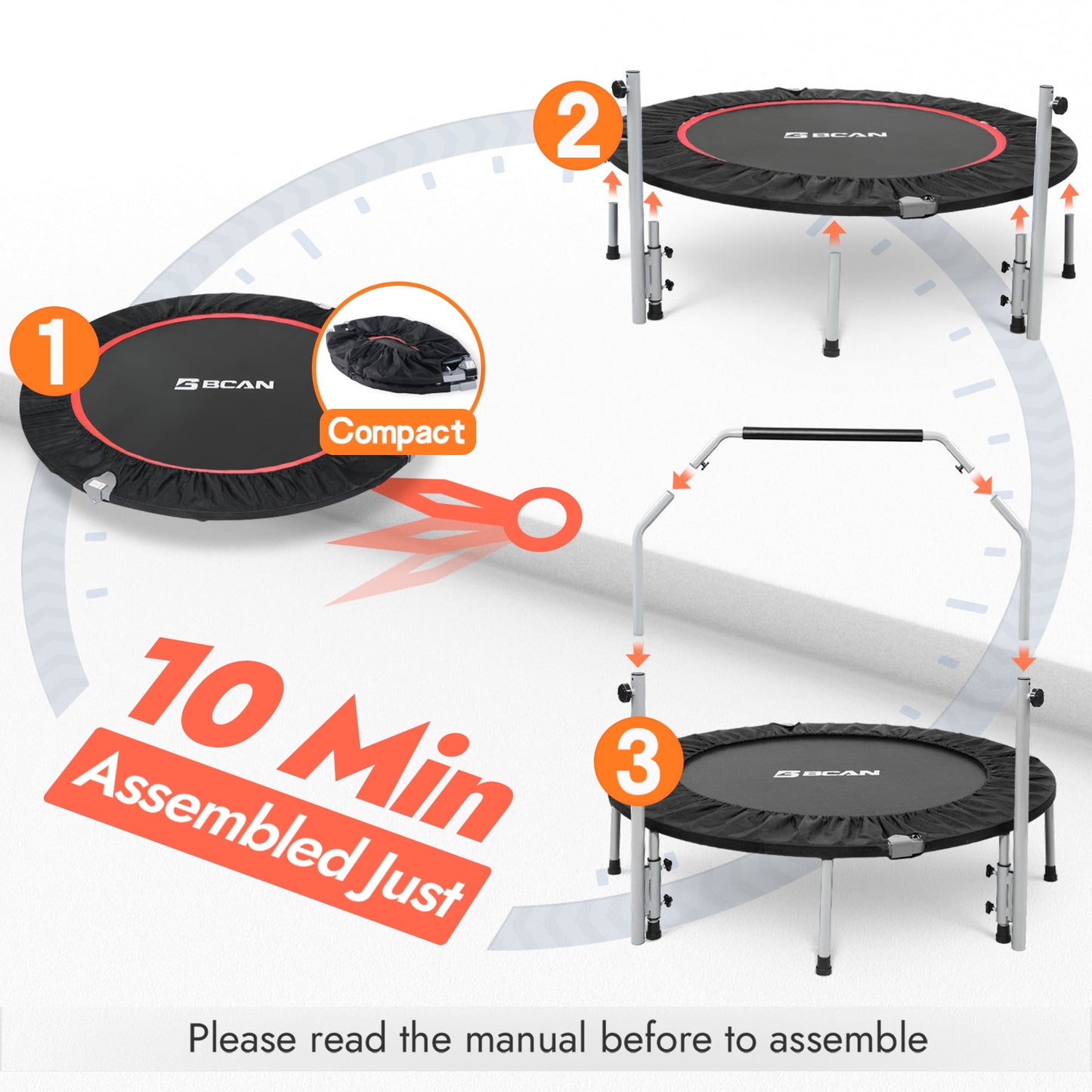 BCAN 40" Foldable Trampoline, Fitness Rebounder with Adjustable Foam Handle, Exercise Trampoline for Adults/kids Indoor/Garden Workout Max Load 330lbs