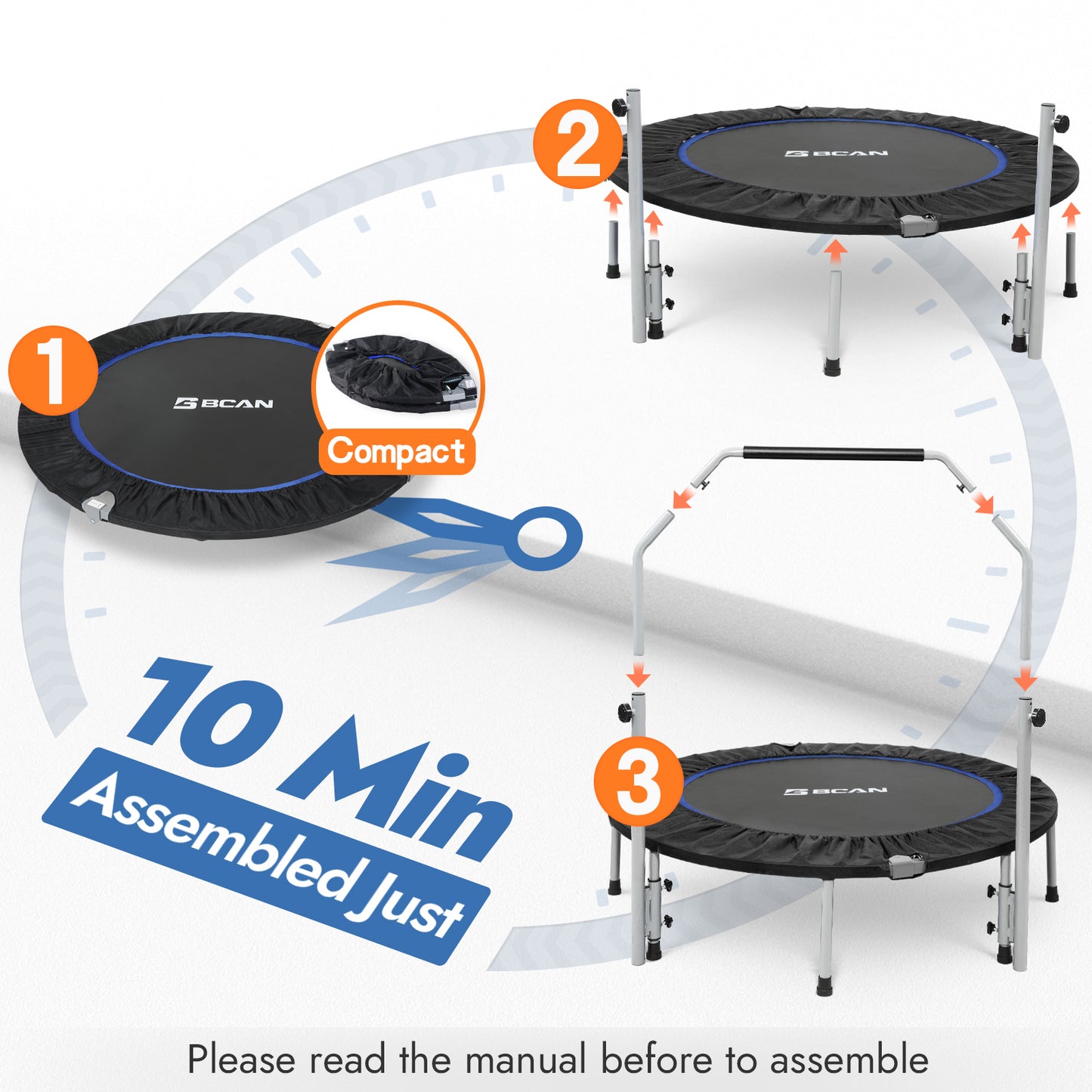 BCAN 48" Foldable Trampoline, Fitness Rebounder with Adjustable Foam Handle, Exercise Trampoline for Adults/kids Indoor/Garden Workout Max Load 440lbs