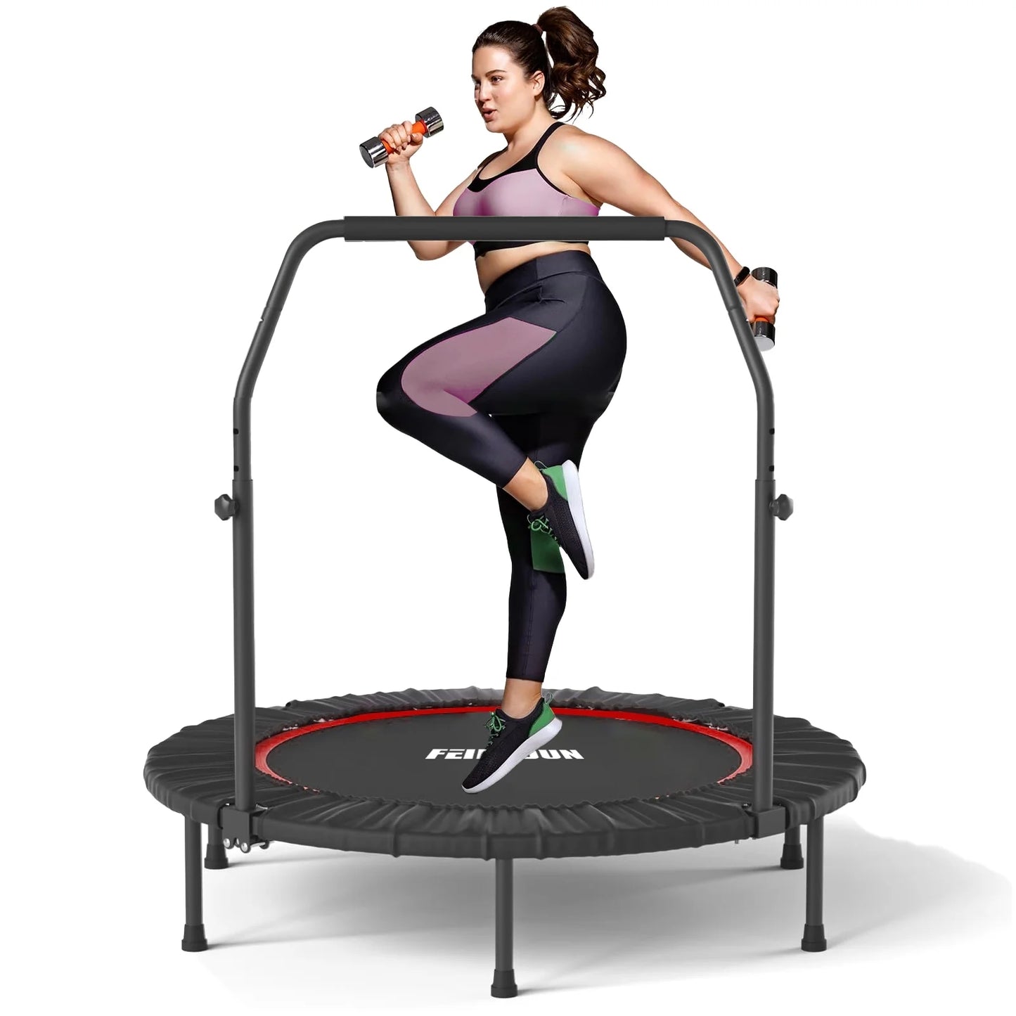 48" Foldable Mini Trampoline Max Load 450lbs, Fitness Rebounder with Adjustable Foam Handle, Exercise Trampoline for Adults/Kids Indoor/Garden Workout