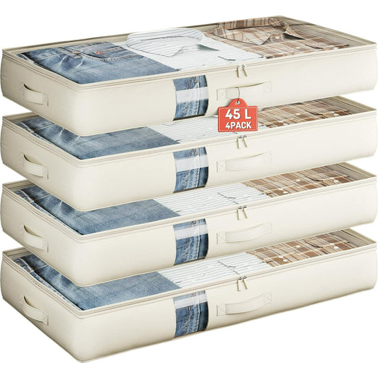 45L Under Bed Storage Containers, 4-Pack Storage Bins with Clear Top, Foldable Closet Organizers and Storage with Label Holder for Clothing, Blankets, Comforter & Pillows