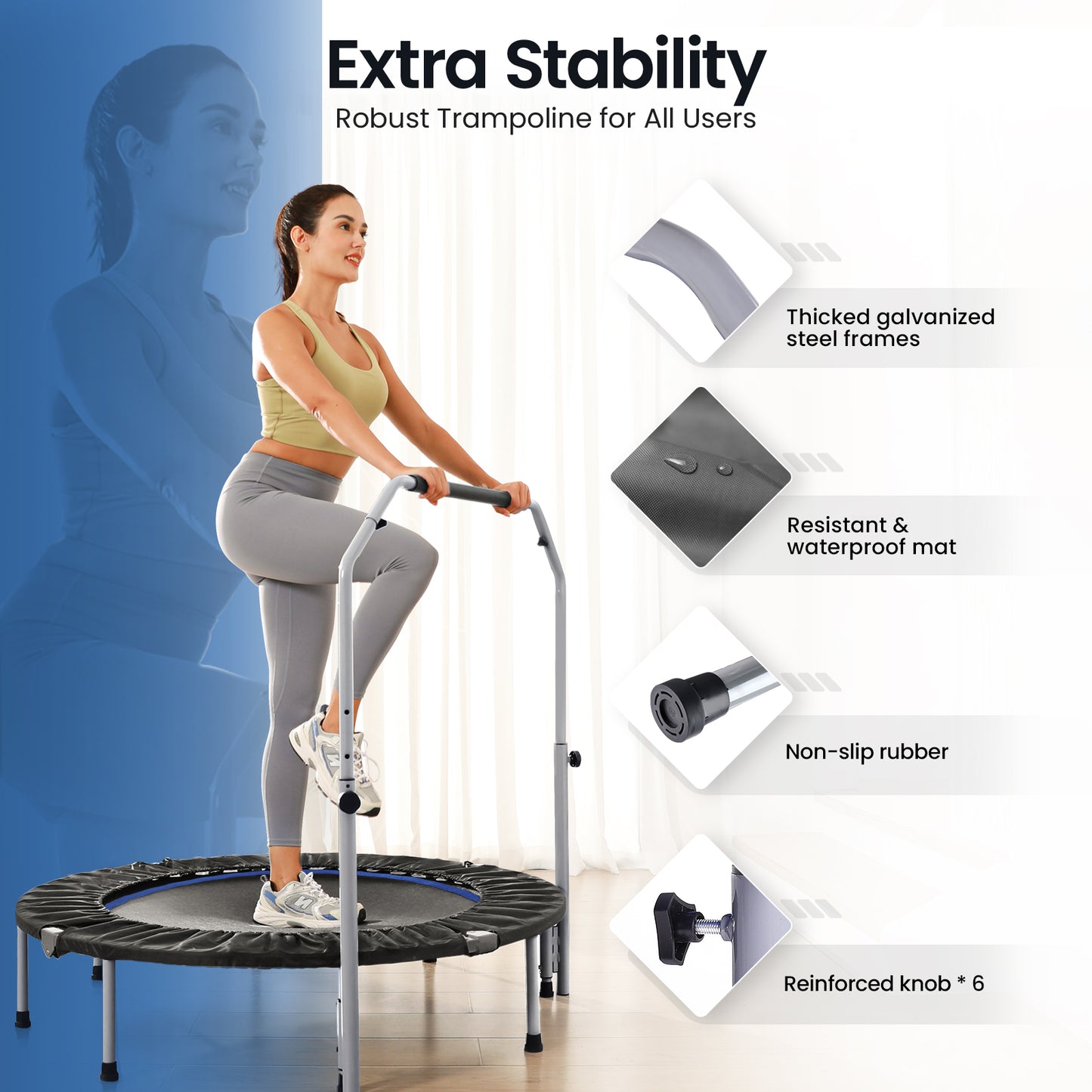 BCAN 48" Foldable Trampoline, Fitness Rebounder with Adjustable Foam Handle, Exercise Trampoline for Adults/kids Indoor/Garden Workout Max Load 440lbs