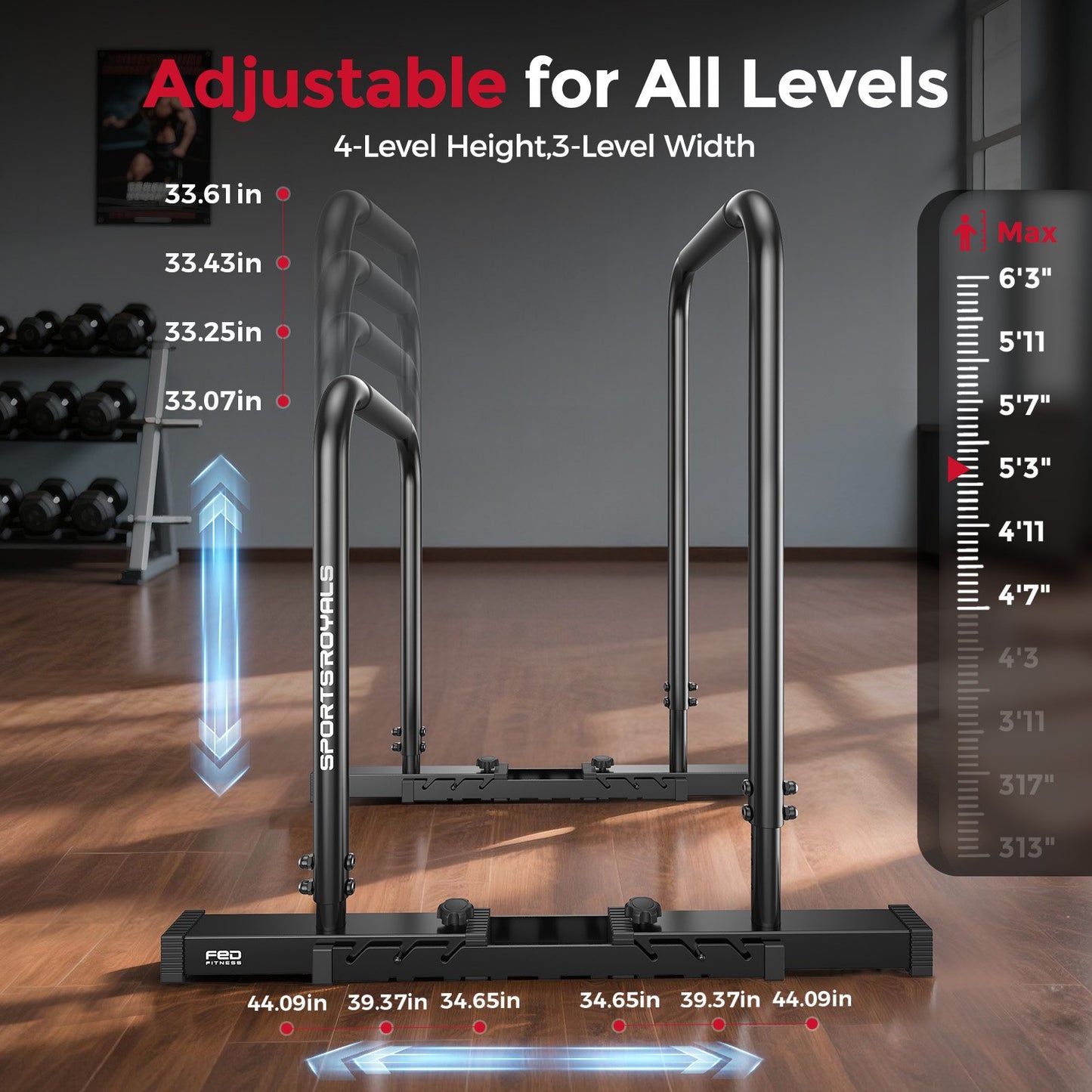 FED Fitness Adjustable Dip Bar Station,Parallel Bars for Home Gym, 4-Level Height & 5-Level Width Calisthenics Equipment for Upper Body & Core Strength Training,600lbs Capacity