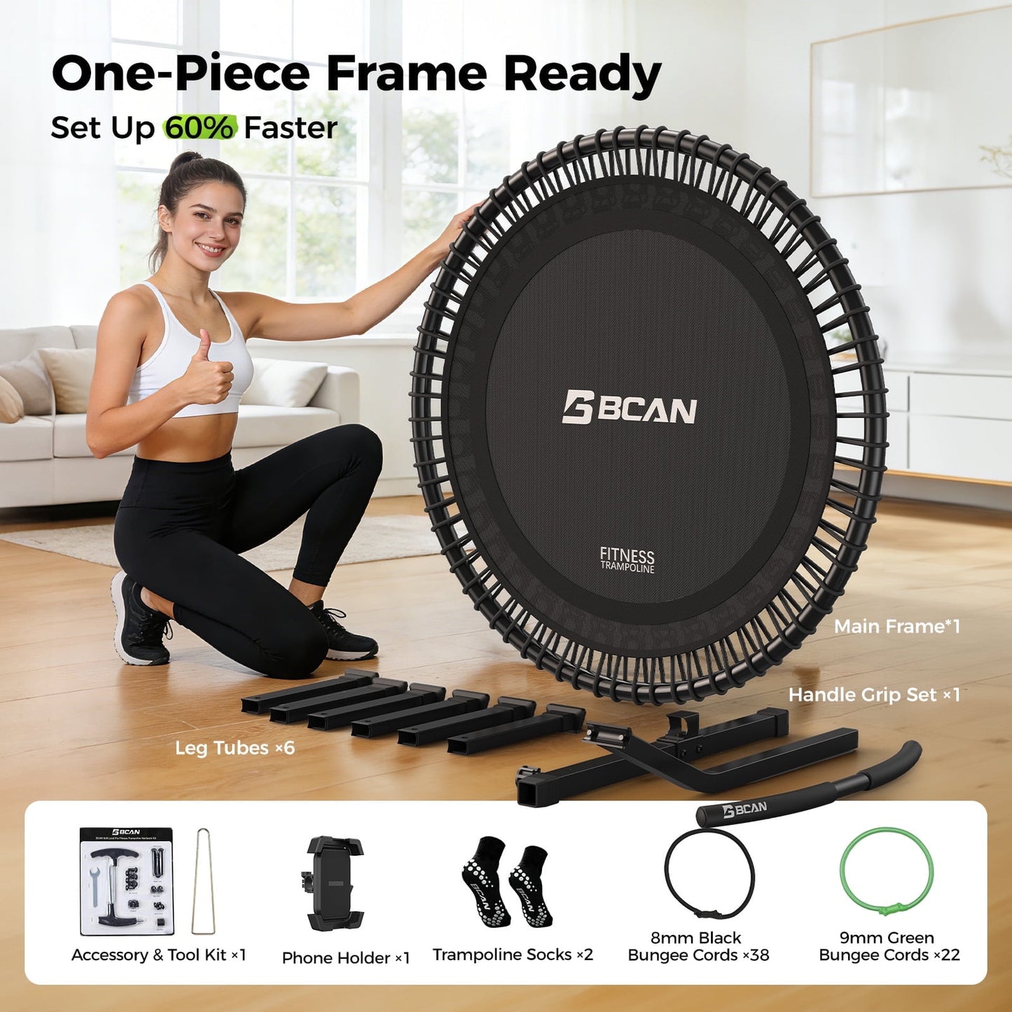 FED Fitness BCAN Pro 40" Rebounder Trampoline for Adults, 500LBS Max Load Fitness Trampoline with T-Adjustable Handle