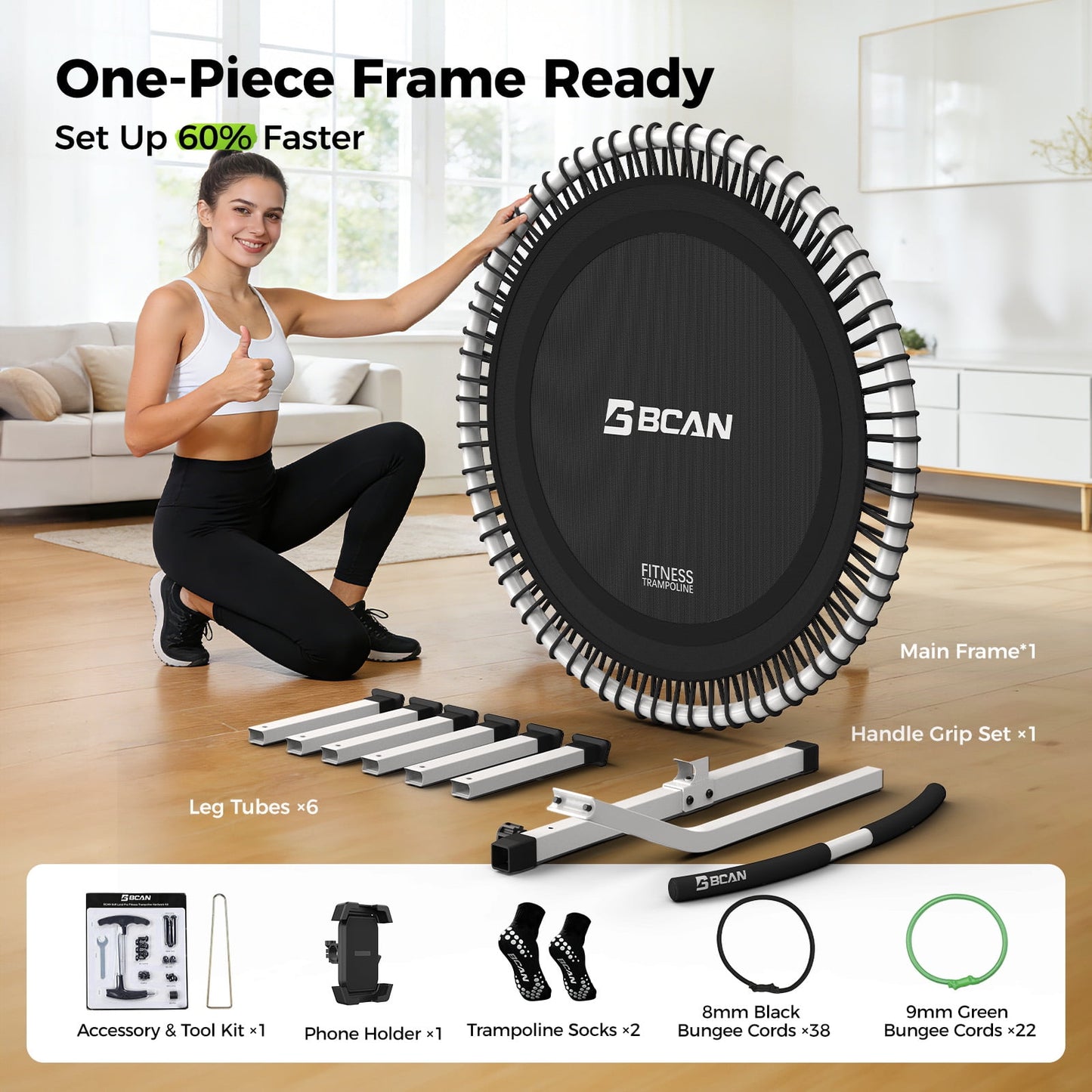 BCAN BT4 40" Pro Fitness Rebounder Trampoline, 500lb Capacity, Adjustable Tension Bungees, Exercise Trampoline for Adults, Phone Holder & 2 Pairs Socks| FED Fitness