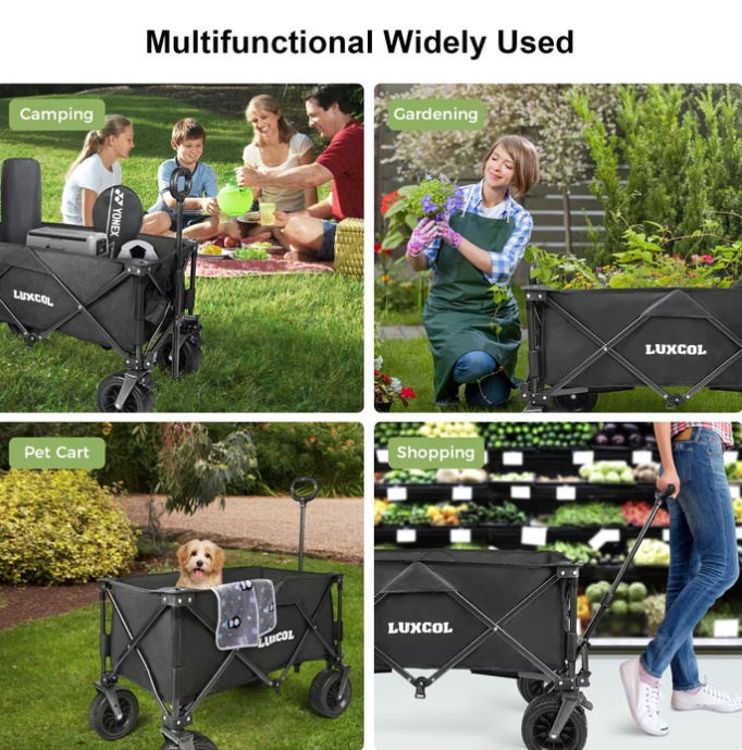 LUXCOL Collapsible Folding Wagon, Heavy Duty Utility Beach Wagon Cart for Sand with Big Wheels, Adjustable Handle&Drink Holders for Shopping, Camping,Garden, Outdoor and Beach