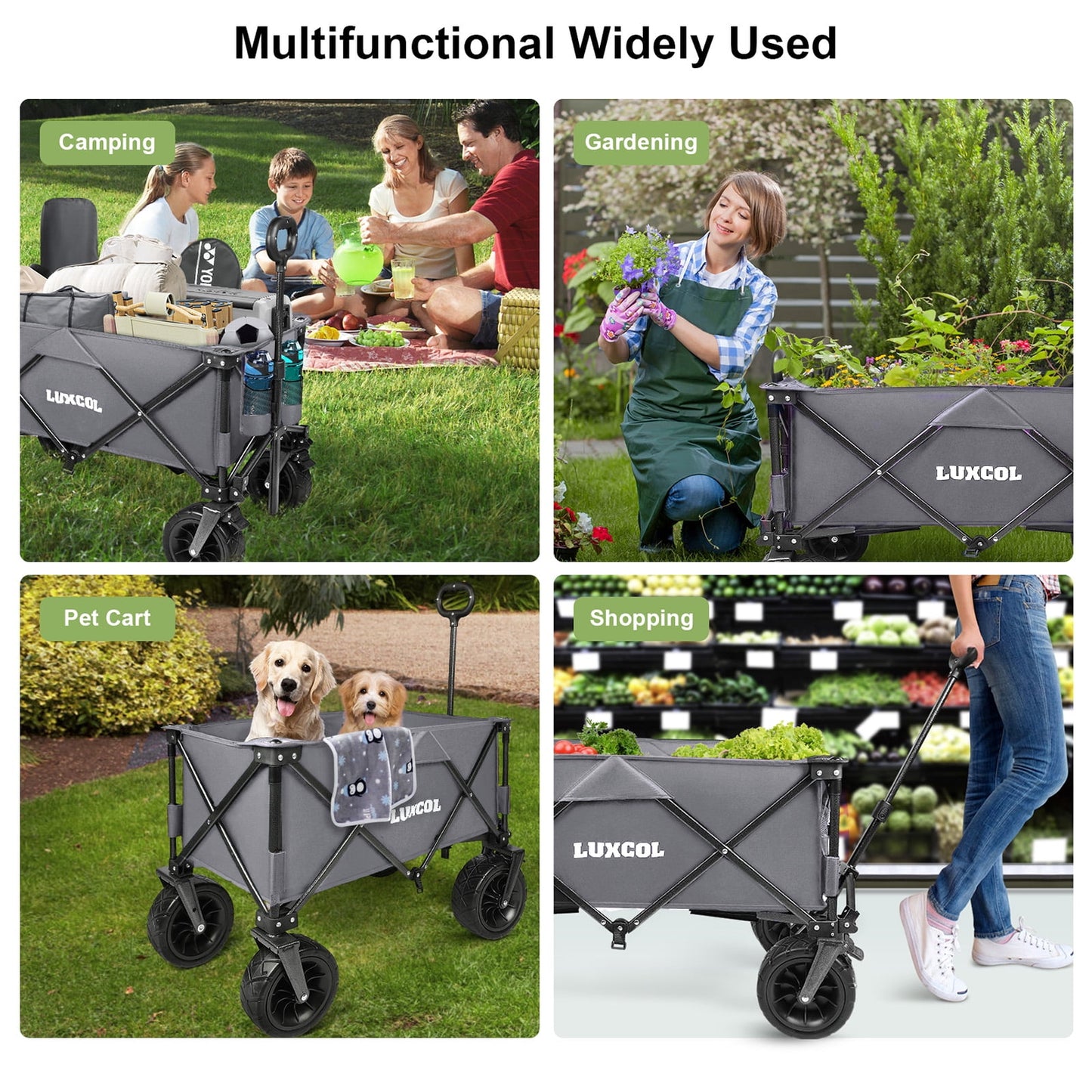 LUXCOL Collapsible Folding Wagon, Heavy Duty Utility Beach Wagon Cart for Sand with Big Wheels, Adjustable Handle&Drink Holders for Shopping, Camping,Garden and Outdoor