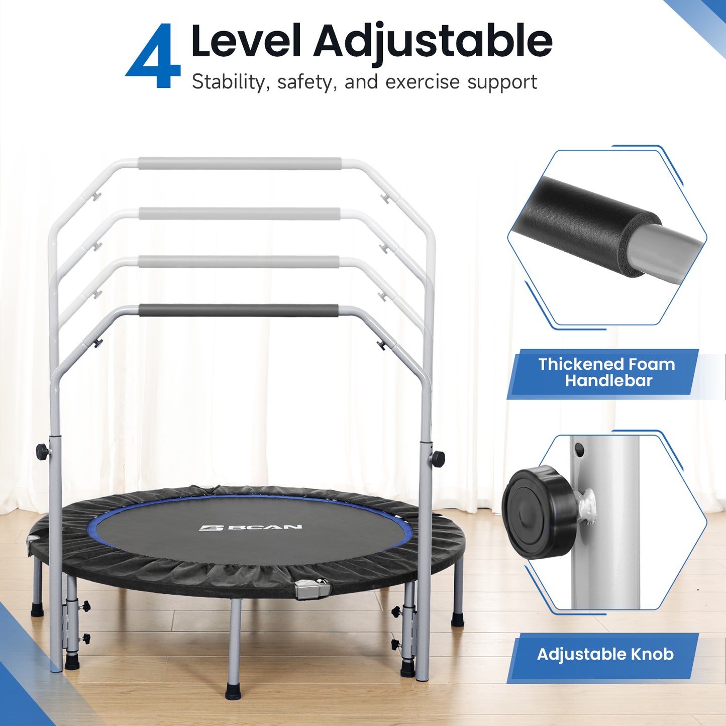 BCAN 48" Foldable Trampoline, Fitness Rebounder with Adjustable Foam Handle, Exercise Trampoline for Adults/kids Indoor/Garden Workout Max Load 440lbs