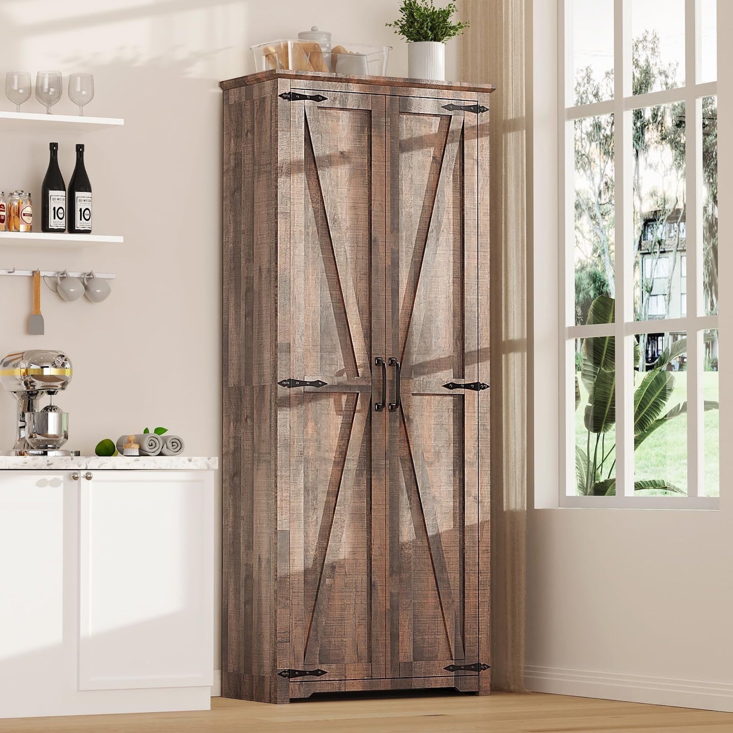70" Tall Kitchen Pantry, Farmhouse Storage Cabinet with 2 Barn Doors and 5 Adjustable Shelves, Rustic Wood Cupboard for Kitchen, Dining Room, Bathroom, Brown