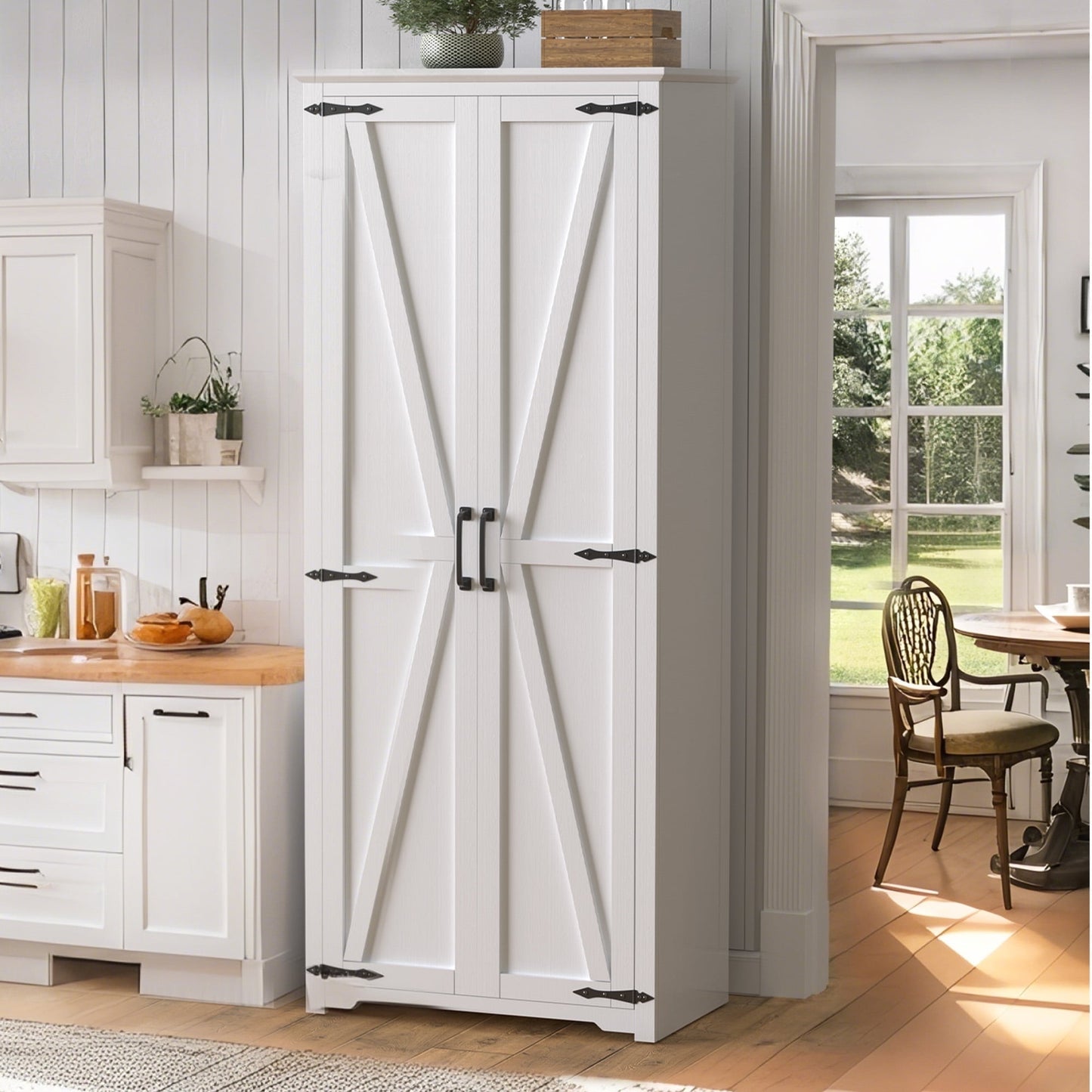 70" Tall Kitchen Pantry, Farmhouse Storage Cabinet with 2 Barn Doors and 5 Adjustable Shelves, Rustic Wood Cupboard for Kitchen, Dining Room, Bathroom, Off White