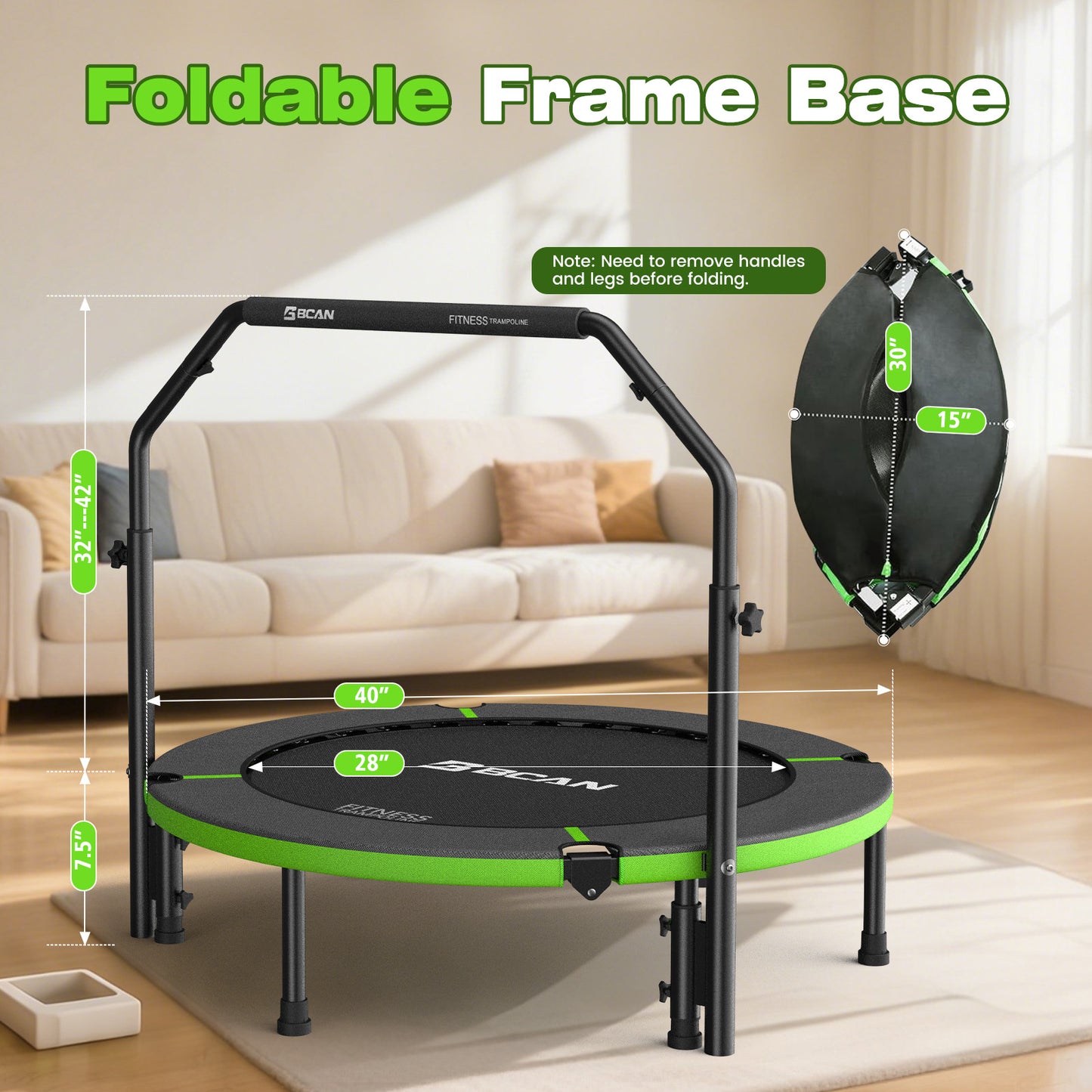 BCAN 40" Foldable Trampoline, Fitness Rebounder with Adjustable Foam Handle, Exercise Trampoline for Adults/kids Indoor/Garden Workout Max Load 330lbs