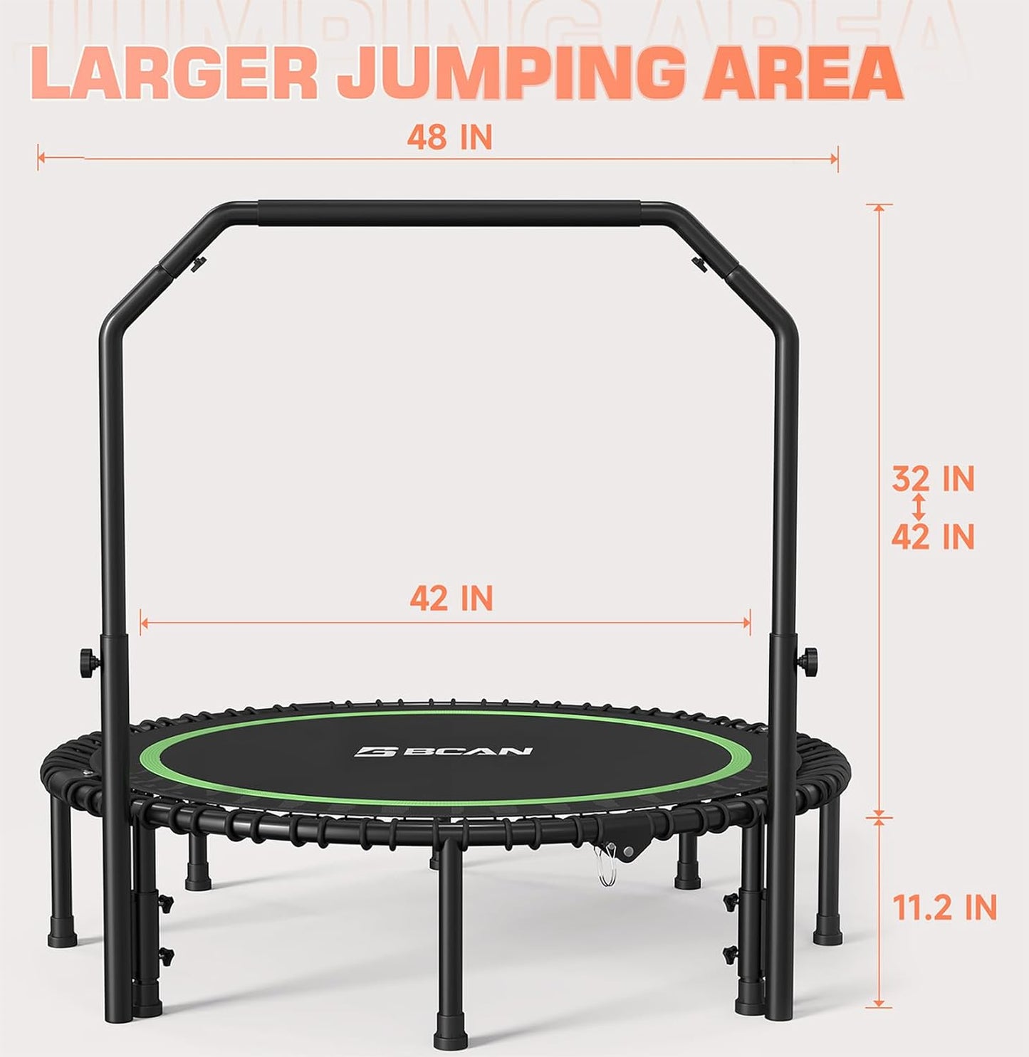 48" Adult Fitness Trampoline with Bungees, U Shape Adjustable Foam Handle, Stable & Quiet Exercise Rebounder,Indoor/Outdoor Workout