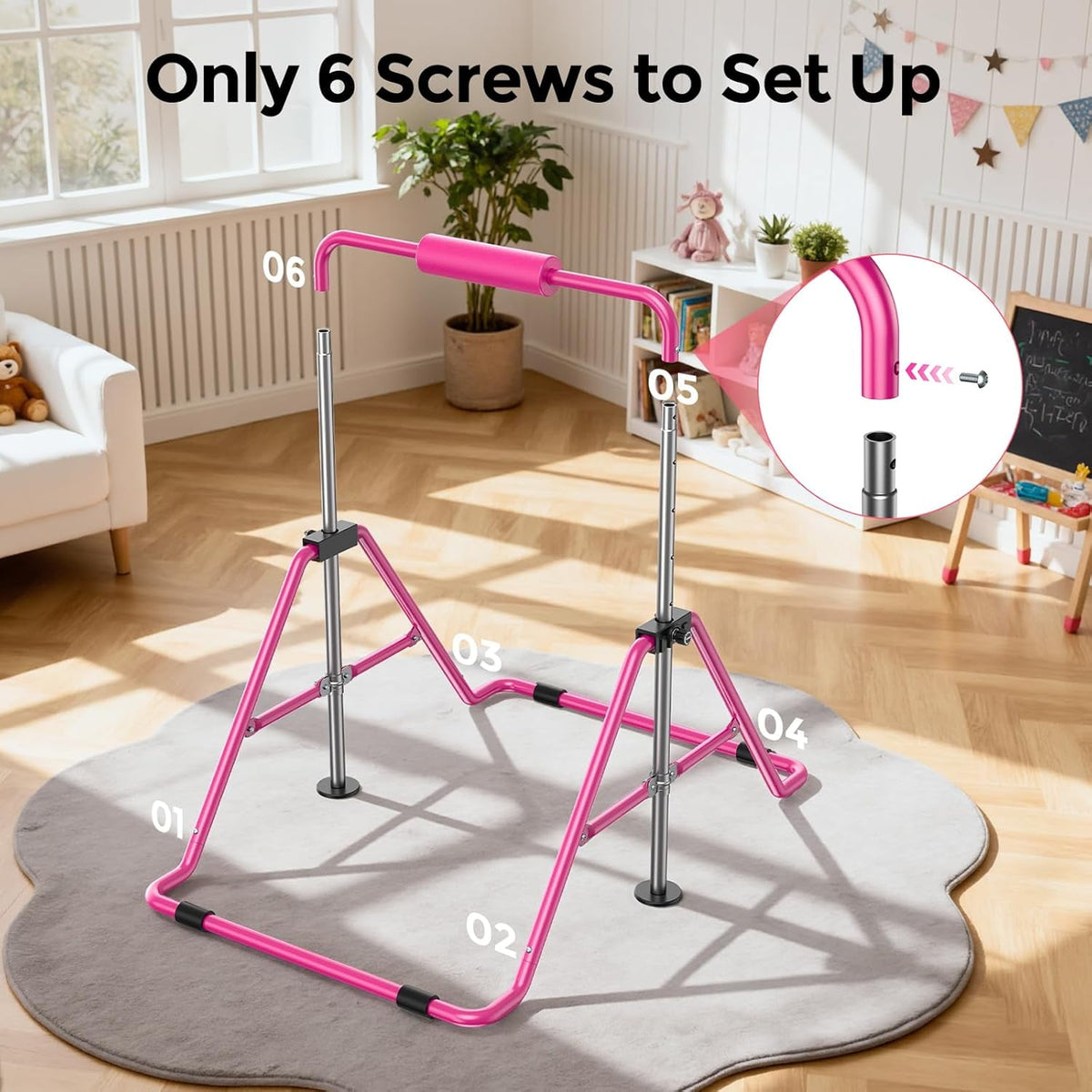 FED Fitness Gymnastics Bar for Kids,Adjustable Height Gymnastic Horizontal Bars,Folding Gymnastic Junior Training Kip Bar for Home, Pink