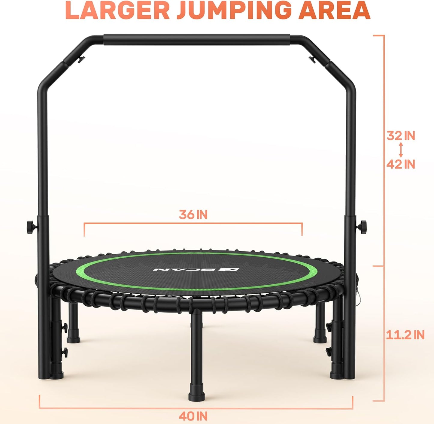 40" Adult Fitness Trampoline with Bungees, U Shape Adjustable Foam Handle, Stable & Quiet Exercise Rebounder,Indoor/Outdoor Workout