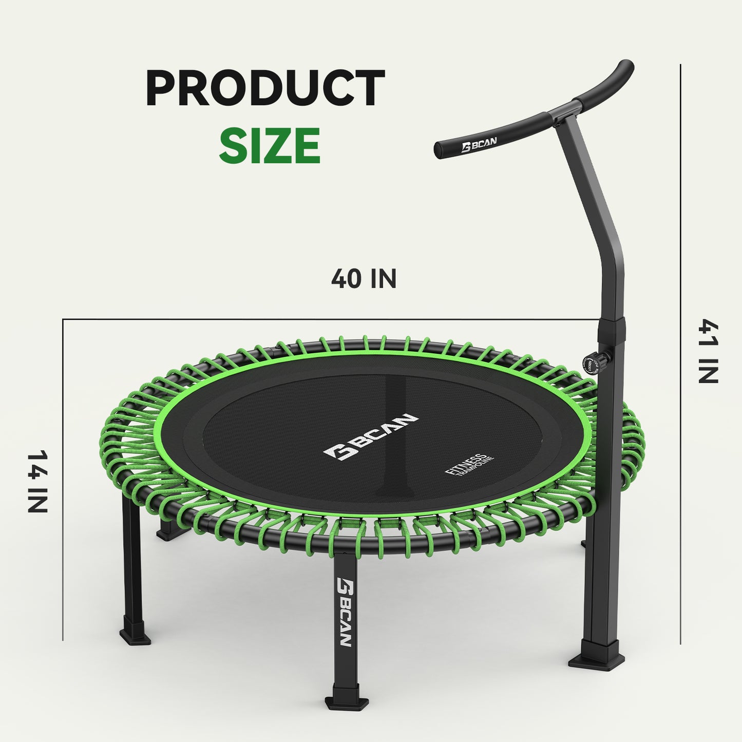 BCAN 500 LBS Soft Land Mini Trampoline, 40" Fitness Trampoline, Bungees(2 Sets), T Shape Adjustable Foam Handle, Stable, Quiet Exercise Rebounder for Kids Adults Indoor/Garden Workout