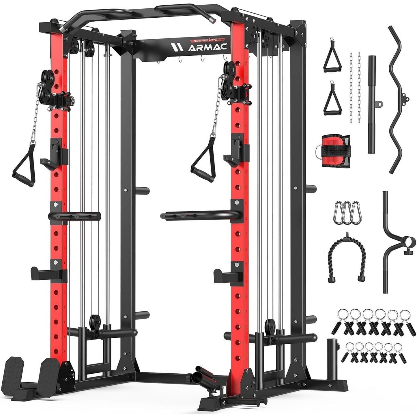 UPGO Power Cage,1500lbs Multi-Function Power Rack with Adjustable Cable Crossover System and More Training Attachment (red)