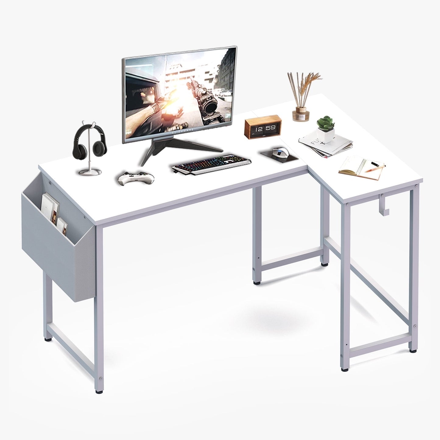 Koligey 47" L-Shaped Ergonomic adults Gaming Desk with Headphone Hook for Game Players, White