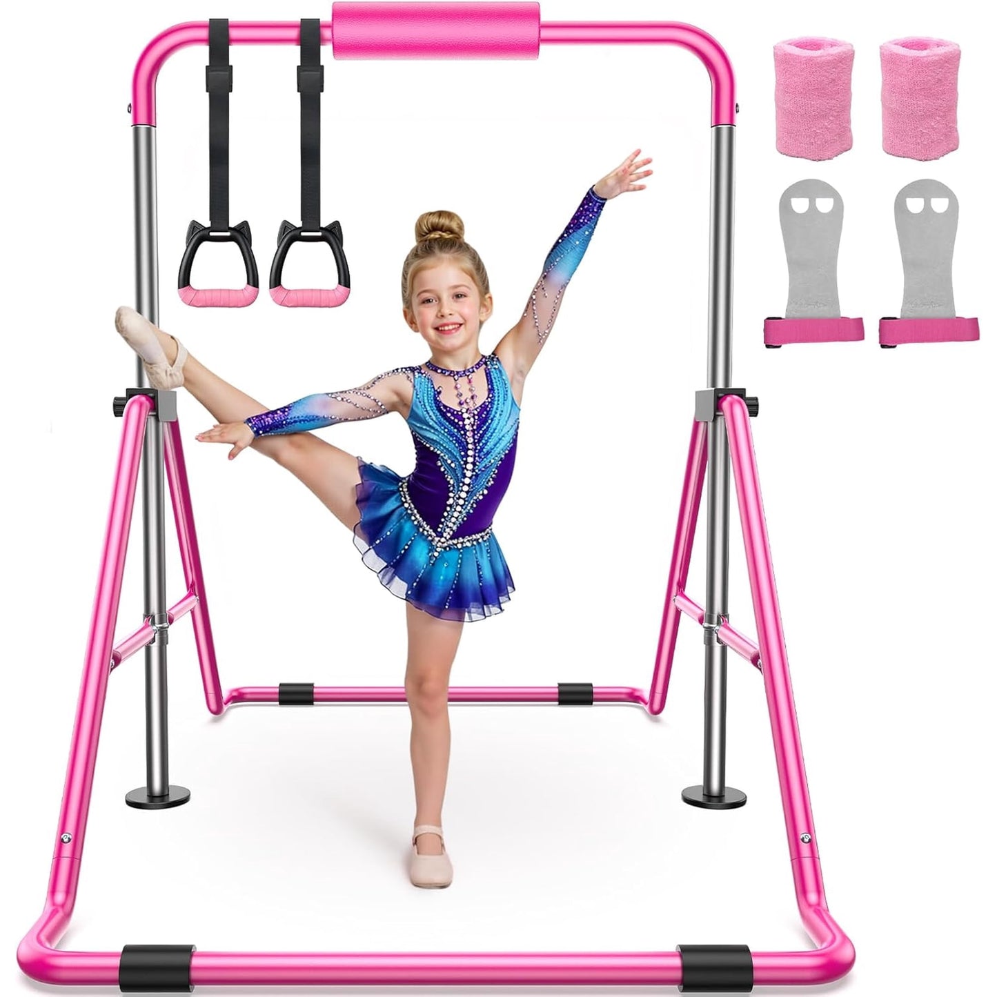 FED Fitness Gymnastics Bar for Kids,Adjustable Height Gymnastic Horizontal Bars,Folding Gymnastic Junior Training Kip Bar for Home, Pink