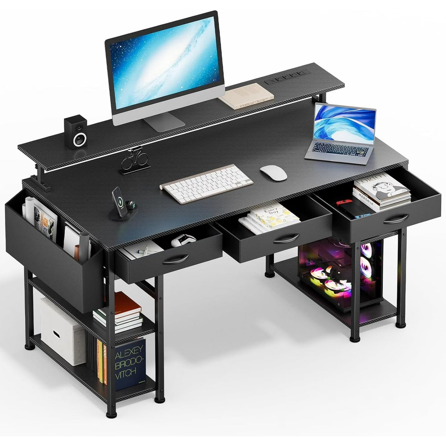 UPGO Black Gaming Desk with LED Lights and Power Outlets, 55 Inch Computer Desk with 3 Drawers and Adjustable Monitor Stand, Home Office Desks with Charging Station USB Port, Study Writing Table