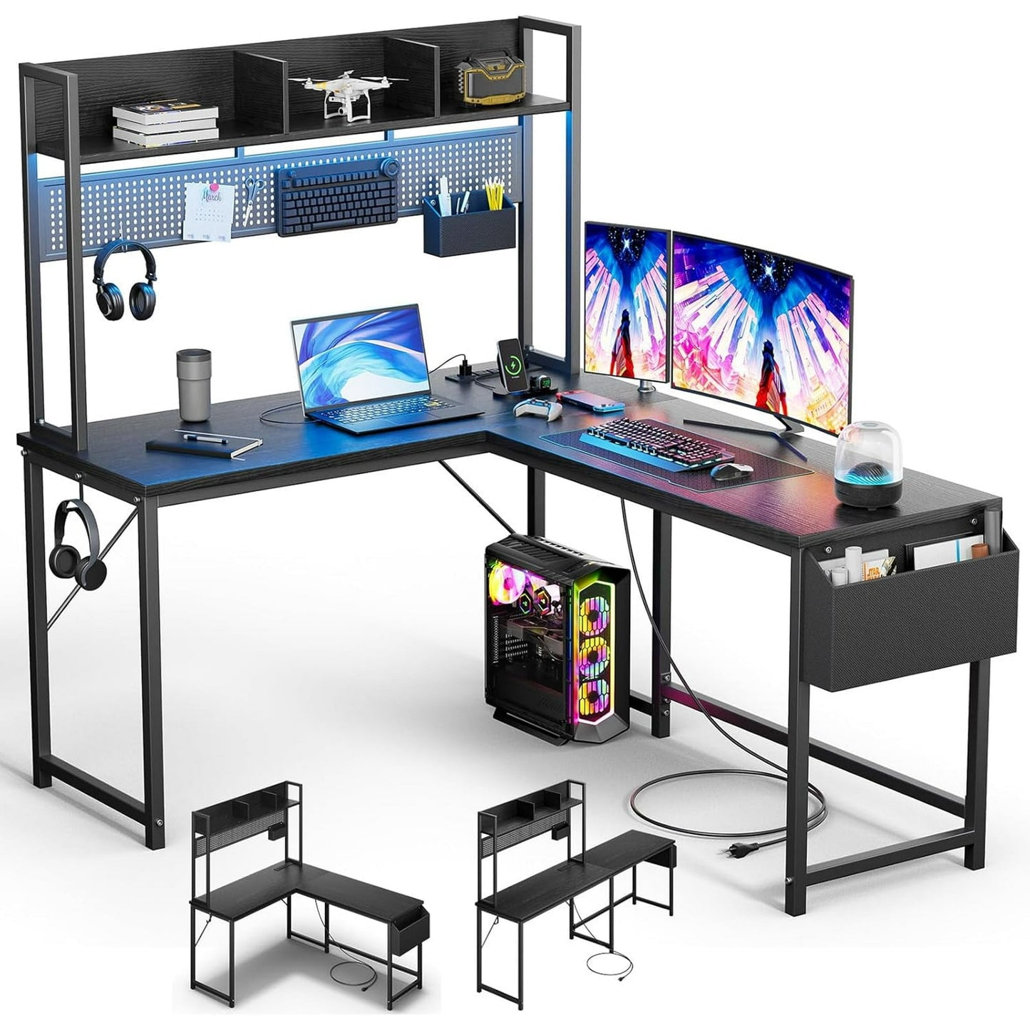 Gaming Desk Computer Desk with Storage, L Shaped Desk with Power Outlet & LED Strip, Office Desk with Pegboard, Corner Deck for Home Office Black
