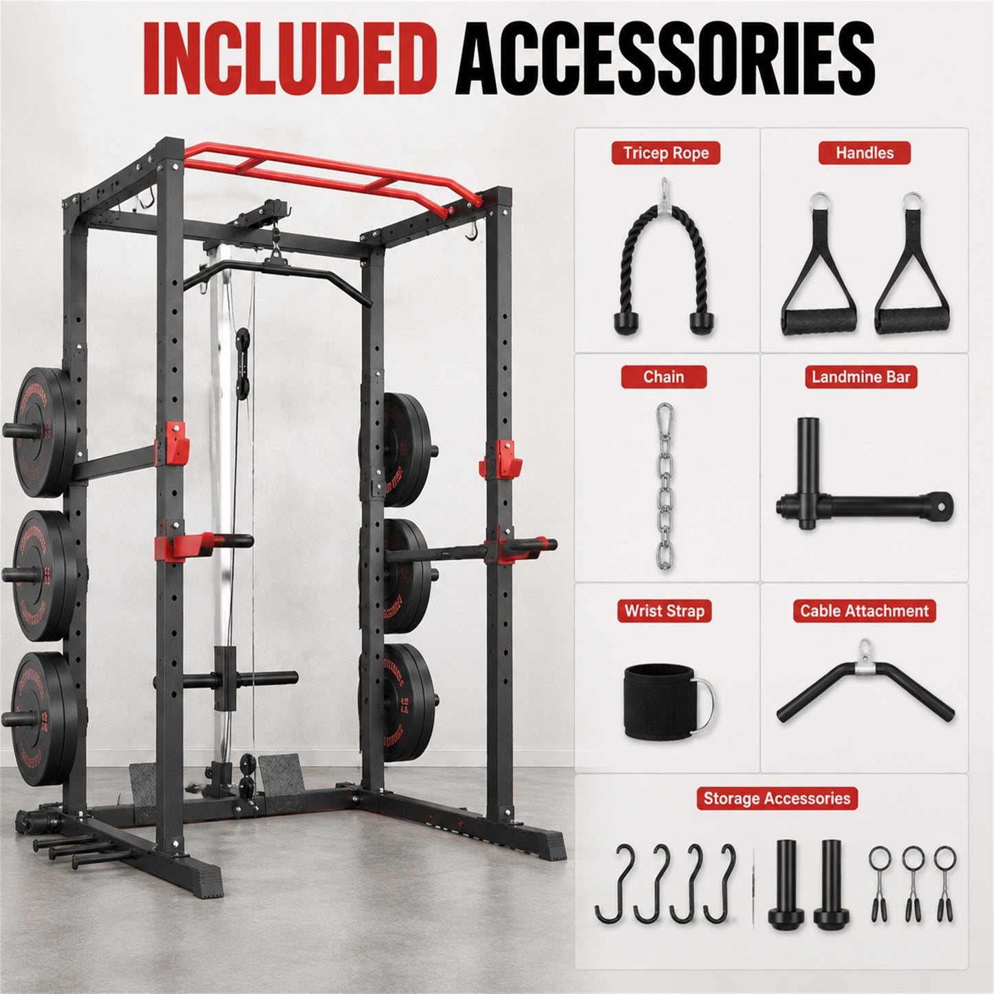 FED Fitness Sportsroyals RK2 1200 lb Power Cage & Power Rack with LAT Pulldown, Cable Pulley System, J-Hooks, Dip Bars & Landmine for Home Gym, Red
