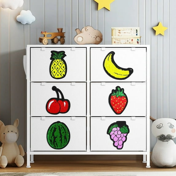 Koligey Dresser for Bedroom, White Dresser with 5 Drawers, Baby Kids Dresser with Funny Sequins Fabric Bins