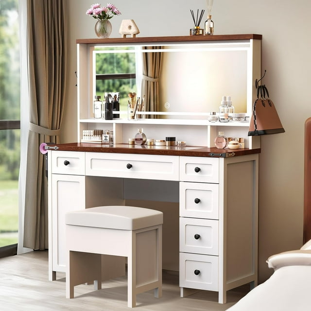 Farmhouse Vanity Desk with Lighted Mirror, 6 Drawers & Cabinet, Glass Top, 45"W, Dark Walnut & White
