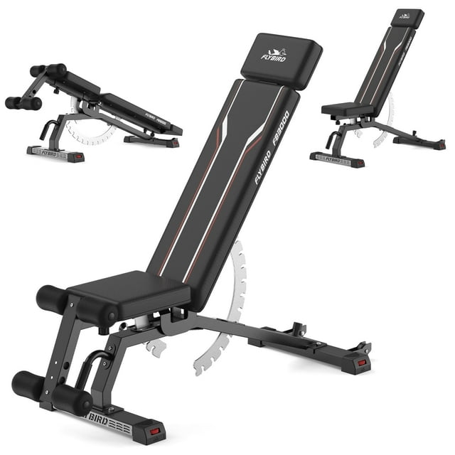 FLYBIRD Adjustable Weight Bench, 800lbs Capacity with Detachable Headrest & Leg Support, Space-Saving FB3000