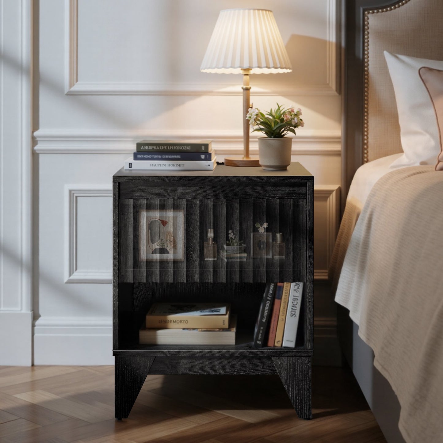 UPGO Black Nightstand one Drawer Nightstand With Charging Station, Versatile Side Table With Storage
