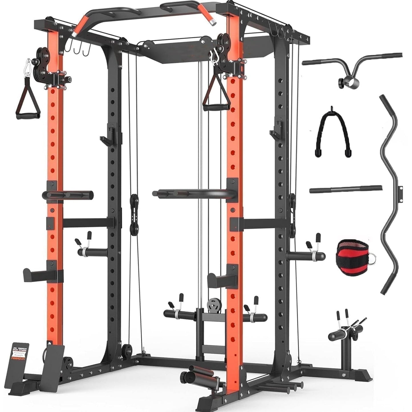 UPGO Multi-function Squat Rack Power Cage with 2000LBS Capacity, Cable Crossover System and Packages with Optional Weight Bench, Olympic Barbell Weight Set, for Garage & Home Gym, Orange
