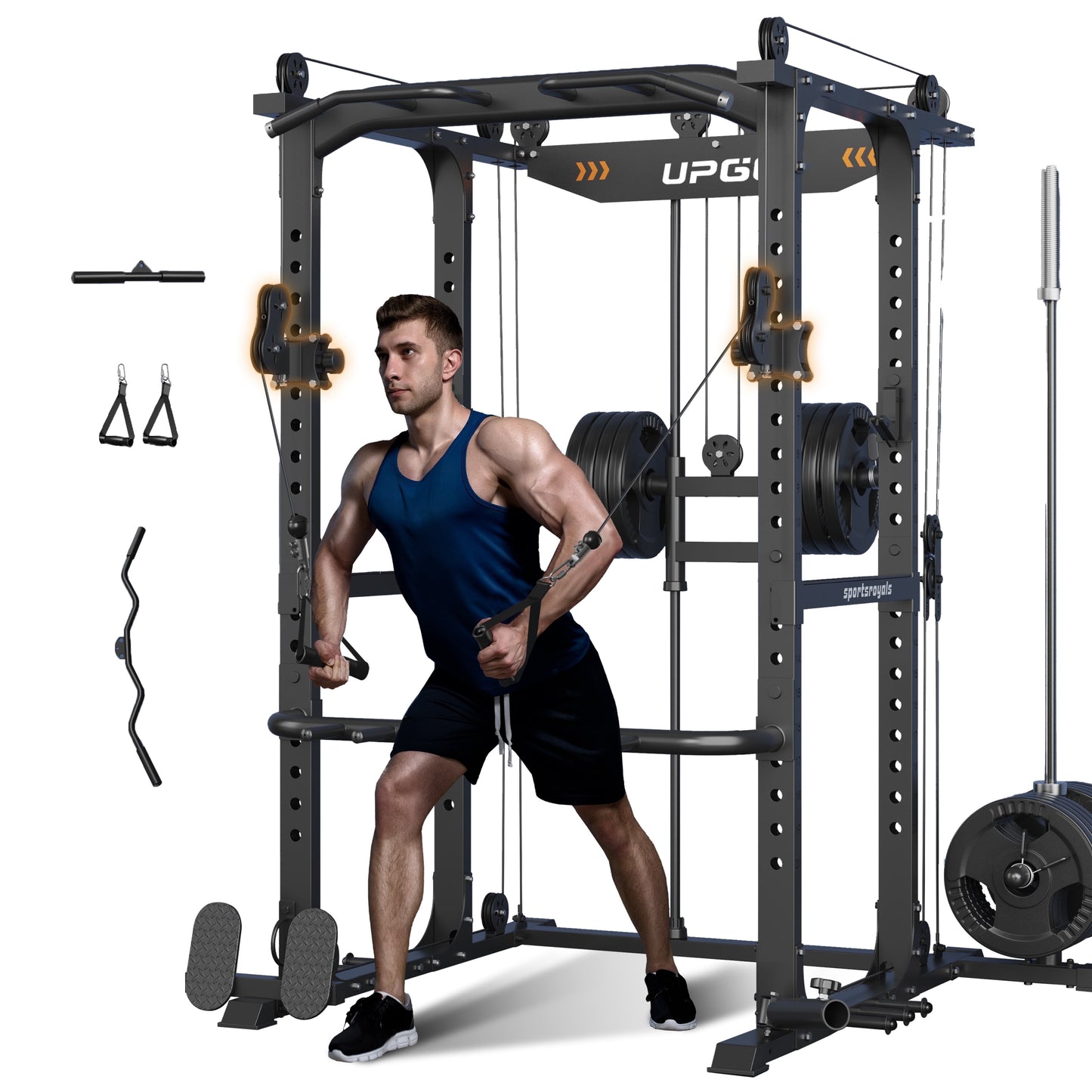 Sportsroyals Power Cage,1200lbs Multi-Function Power Rack with Adjustable Cable Crossover System Weight Cage for Home Gym,Blue