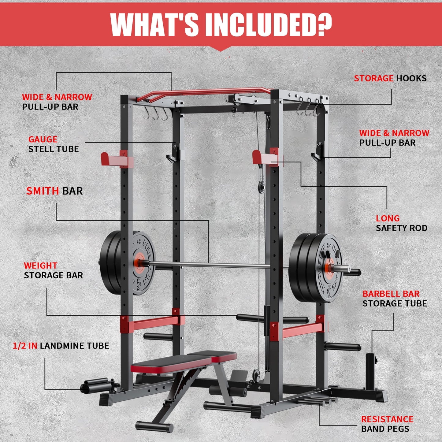 UPGO Power Cage,1200lbs Multi-Function Power Rack with with Lat Pulldown and More Training Attachment, Weight Cage for Home Gym