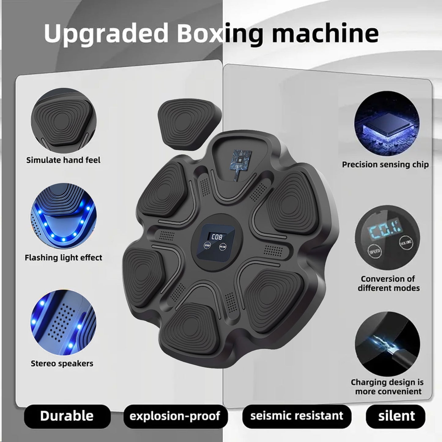 UPGO Wall-Mounted Smart Boxing Trainer with Music, Gloves, and Target Pads - Wireless-Enabled Fitness Equipment for Home & Gym, Black, Indoor Boxing Training System for Adults, Music Training System