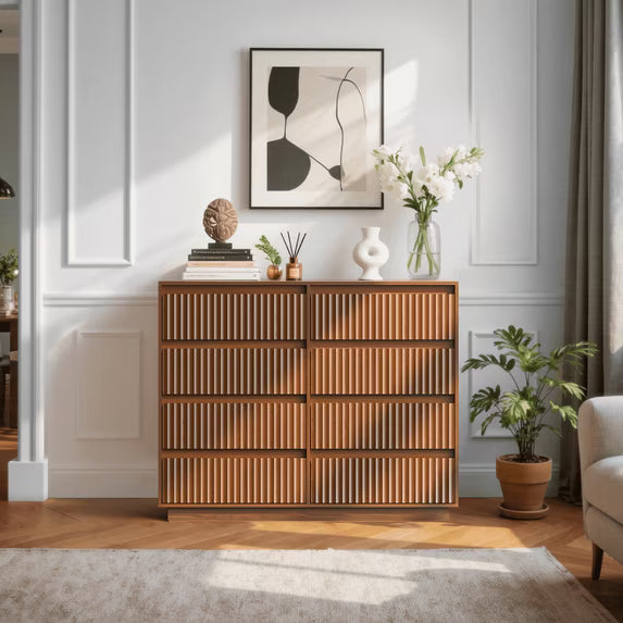 UPGO 52'' Fluted Dresser for Living Room, Bedroom, Hallway, Entryway with Deep 8 drawers, Wooden Dresser