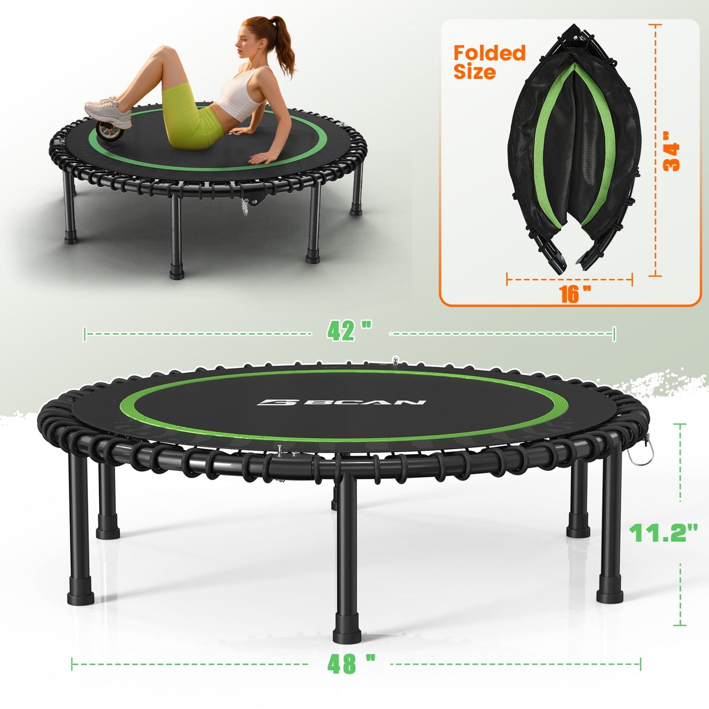 BCAN 48" Fitness Trampoline with Bungees, 550LBS Foldable Mini Trampoline
