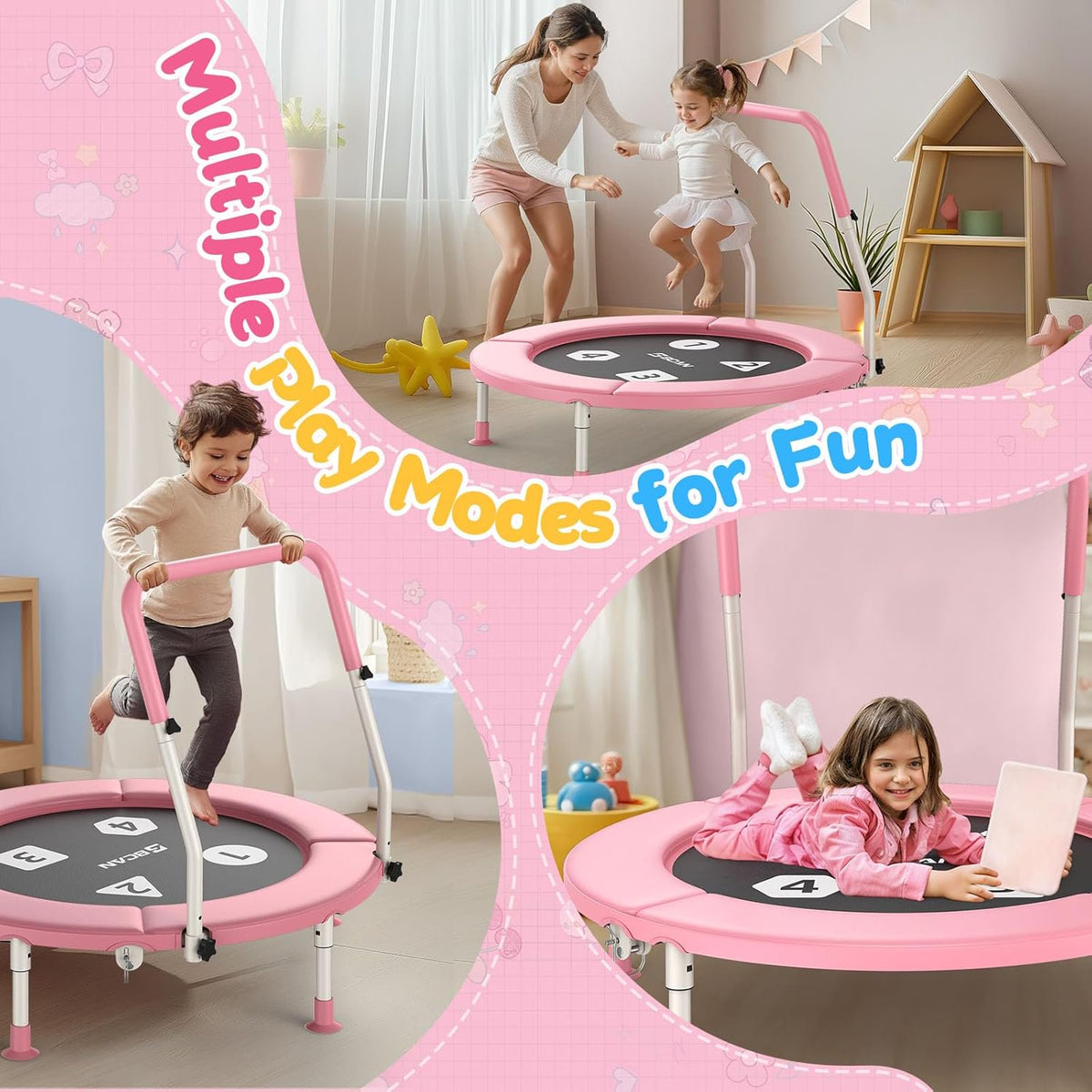 FED Fitness 36'' Toddler Trampoline, ASTM Certified-Foldable Mini Trampolines for Kids Ages 1-6, Adjustable Handle, Safety Pad & Foldable Legs, Baby Trampoline Indoor/Garden, Gift for Boy and Girl