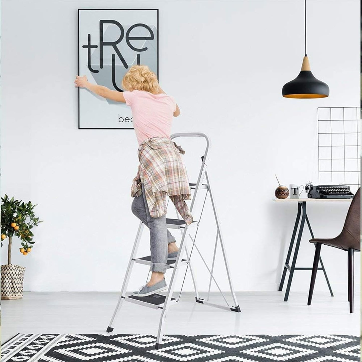 4 Step Ladder, Upgo Folding Step Stool with Extra Wide Anti-Slip Pedal, 330lbs Lightweight Portable Sturdy Steel Ladders with Handgrip for Household Kitchen Office Outdoor