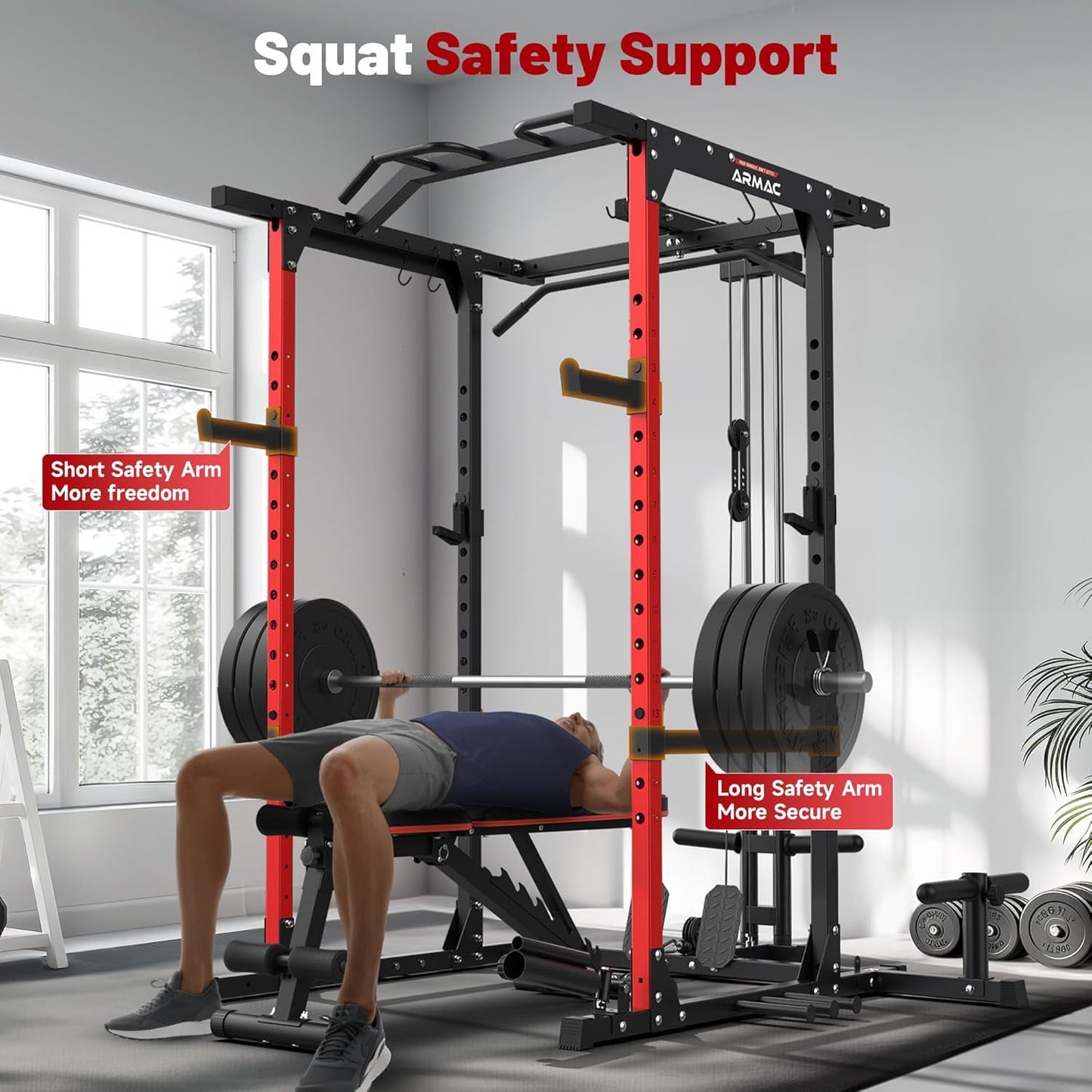 UPGO Power Cage,1500lbs Multi-Function Power Rack with Adjustable Cable Crossover System and More Training Attachment (red)