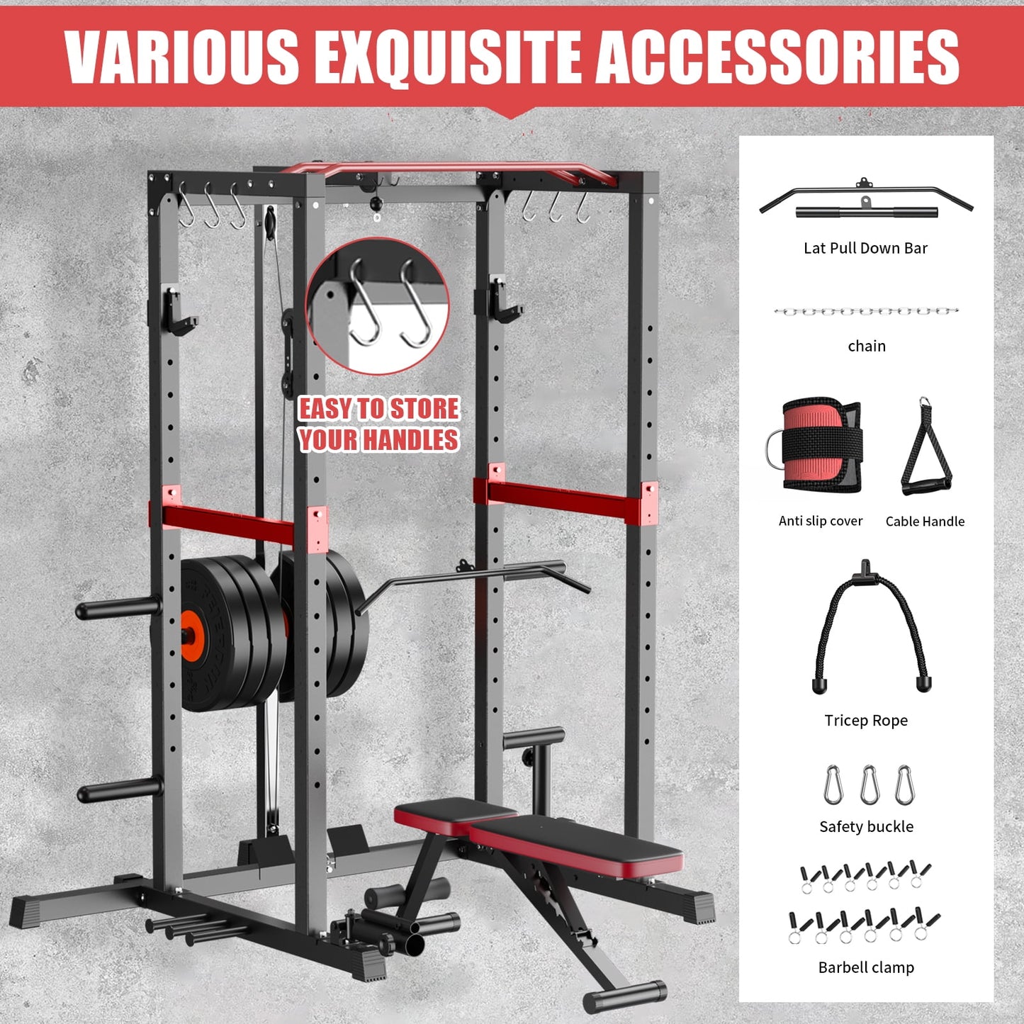 UPGO Power Cage,1200lbs Multi-Function Power Rack with with Lat Pulldown and More Training Attachment, Weight Cage for Home Gym