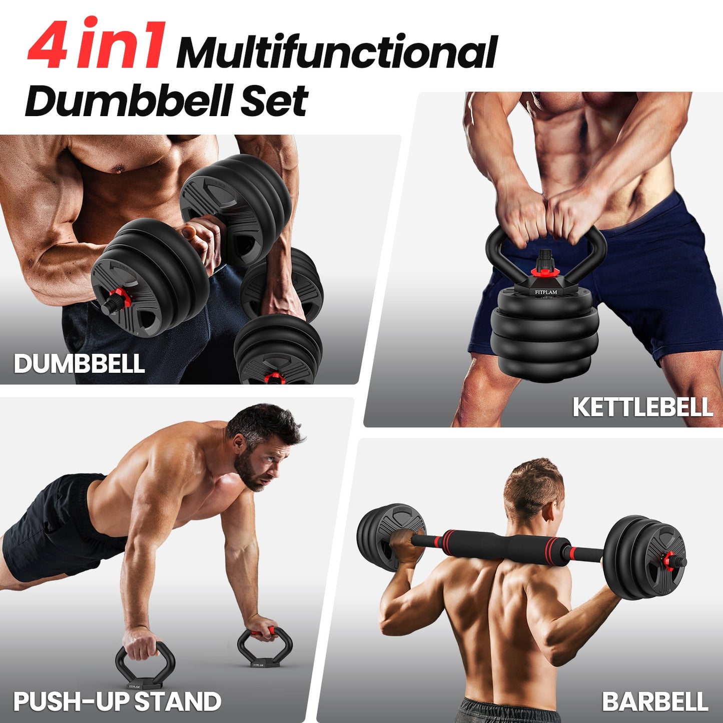 Adjustable Dumbbells, 20lbs Free Weight Set with Connector, 4 in1 Dumbbells Set as Barbell, Kettlebells, Push up Stand, Fitness Exercises for Home Gym Suitable Men/Women
