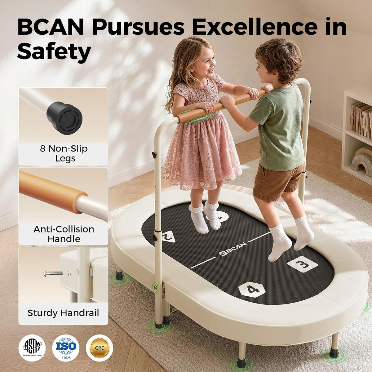 BCAN 56IN 2-Person Kids Trampoline, Safe-Elastic Band Foldable Frame Trampoline for Kids 1-8, ASTM Certified-Toddler Trampoline with Adjustable Stable Handlebar&Thickened Cover,Max Load 220lbs